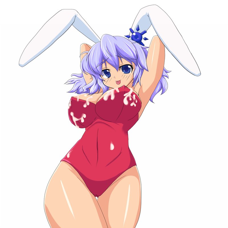 chuuten (clam chowder), merlin prismriver, touhou, bad id, bad pixiv id, 1girl, animal ears, breasts, cum, cum on body, cum on upper body, female focus, playboy bunny, rabbit ears, simple background, solo, white background