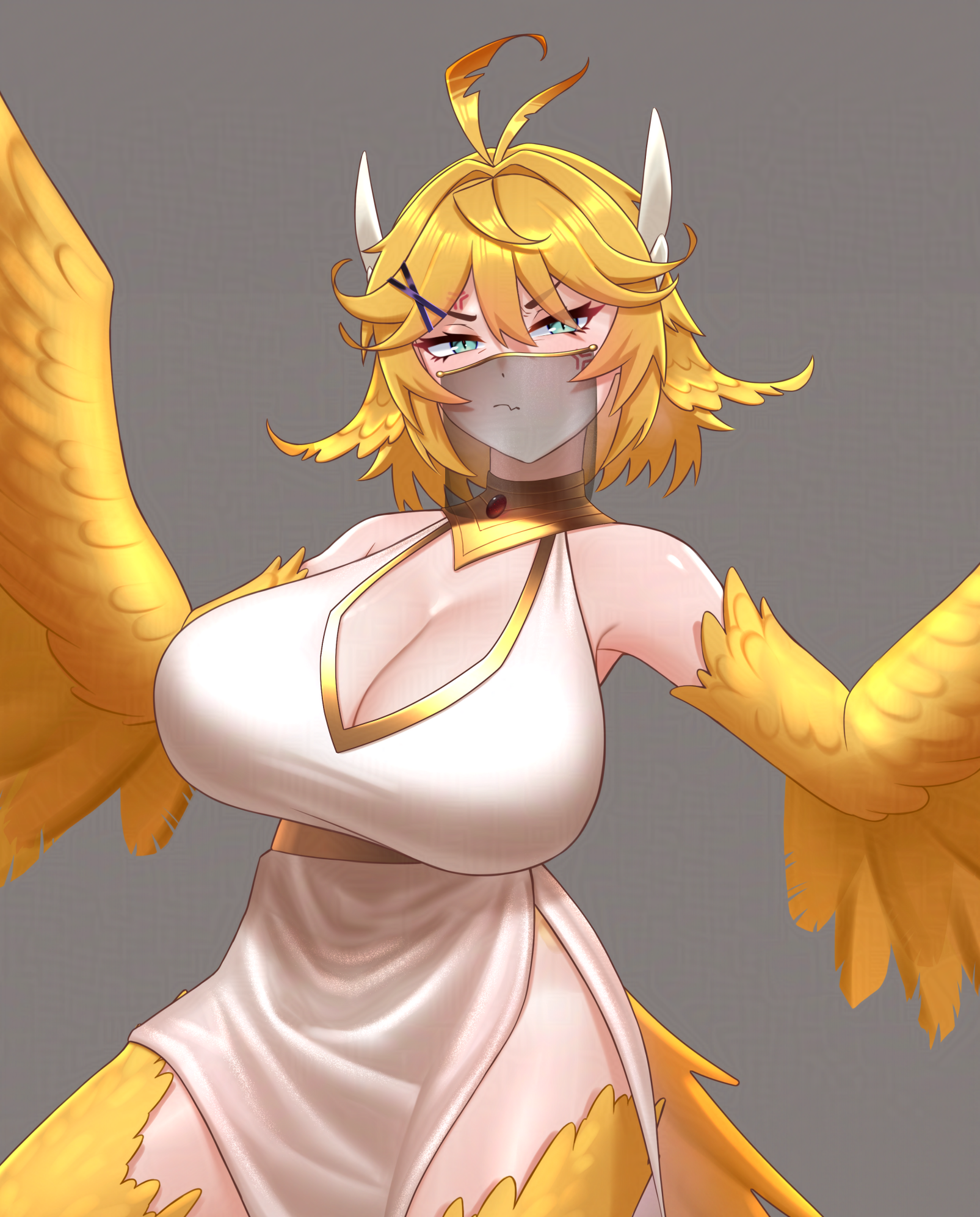 cipher4109, dokibird, indie virtual youtuber, commentary, highres, 1girl, anger vein, angry, antenna hair, bare shoulders, bird legs, bird tail, blonde hair, blush, breasts, cleavage, fang, fang out, feather hair, feather hair ornament, feathered wings, feathers, gem, green eyes, grey background, hair between eyes, hair flaps, hair ornament, hairclip, harpy, large breasts, monster girl, purple gem, red gemstone, robe, see-through clothes, sidelocks, skin fang, slit pupils, solo, tail, thick thighs, thighs, v-shaped eyebrows, veil, virtual youtuber, white robe, winged arms, wings, yellow feathers