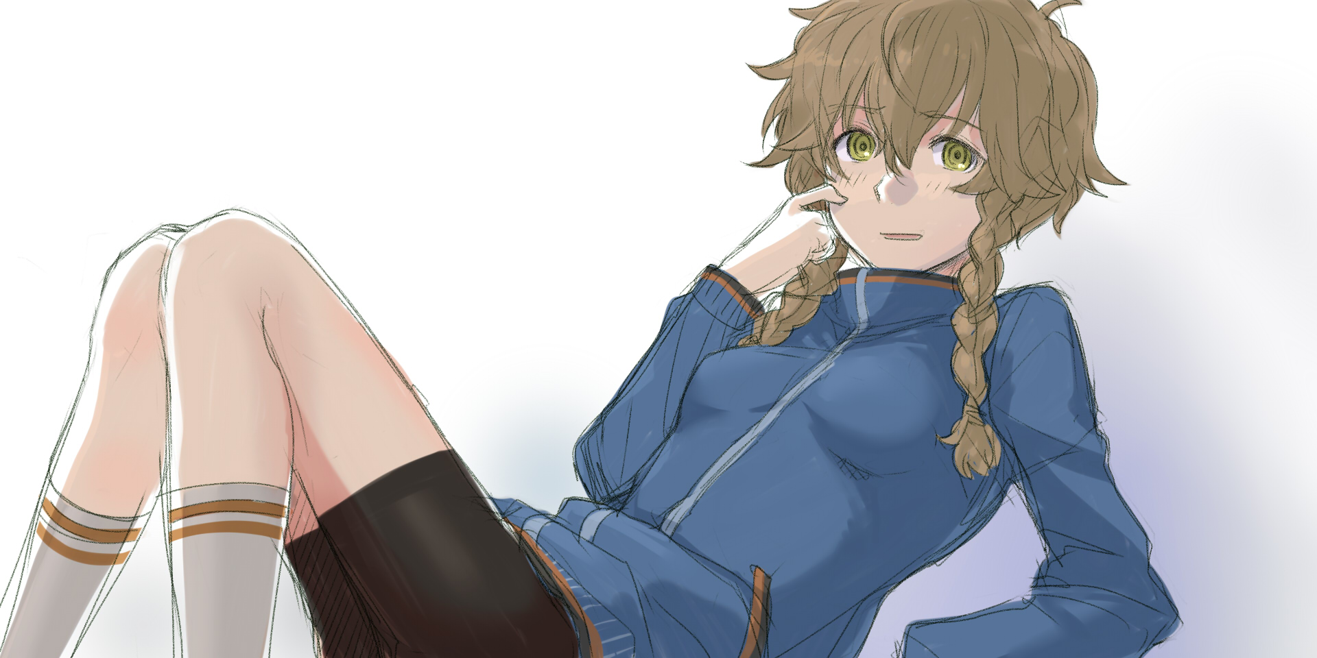 menomorute, amane suzuha, science adventure, steins;gate, highres, 1girl, bike shorts, braid, breasts, brown hair, finger to cheek, from side, green eyes, hair between eyes, jacket, long hair, looking at viewer, open mouth, simple background, sitting, small breasts, smile, solo, track jacket, twin braids, twintails, white background
