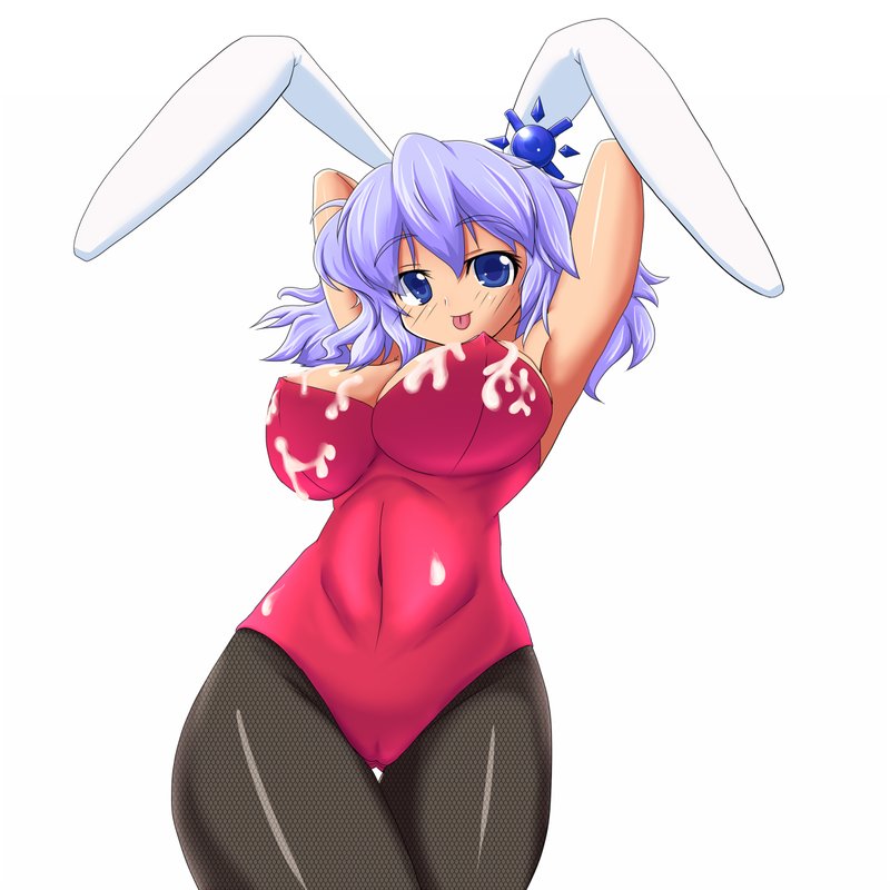 chuuten (clam chowder), merlin prismriver, touhou, light purple hair, bad id, bad pixiv id, animal ears, blue eyes, cum, cum on body, cum on upper body, curvy, fishnet pantyhose, fishnets, pantyhose, playboy bunny, rabbit ears, short hair, solo