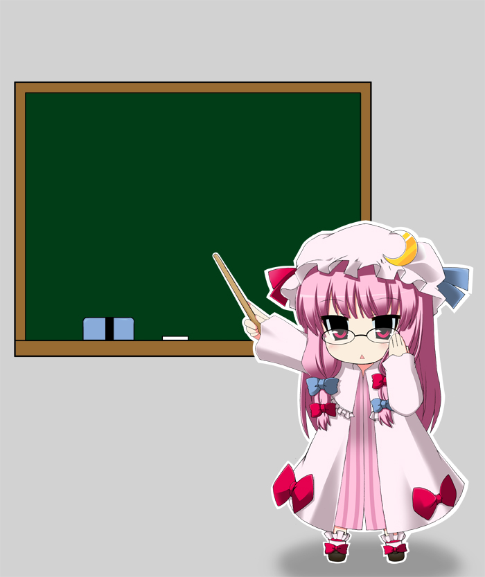 izuko, patchouli knowledge, touhou, bad id, bad pixiv id, 1girl, :<, adjusting eyewear, bespectacled, board eraser, chalkboard, chibi, female focus, full body, glasses, hat, indoors, long hair, pointer, purple eyes, purple hair, solo, standing, template