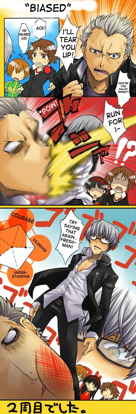 segami daisuke, amagi yukiko, hanamura yousuke, narukami yu, satonaka chie, tatsumi kanji, atlus, persona, persona 4, highres, long image, tall image, translated, banchou, comic, delinquent, manly, x mouth
