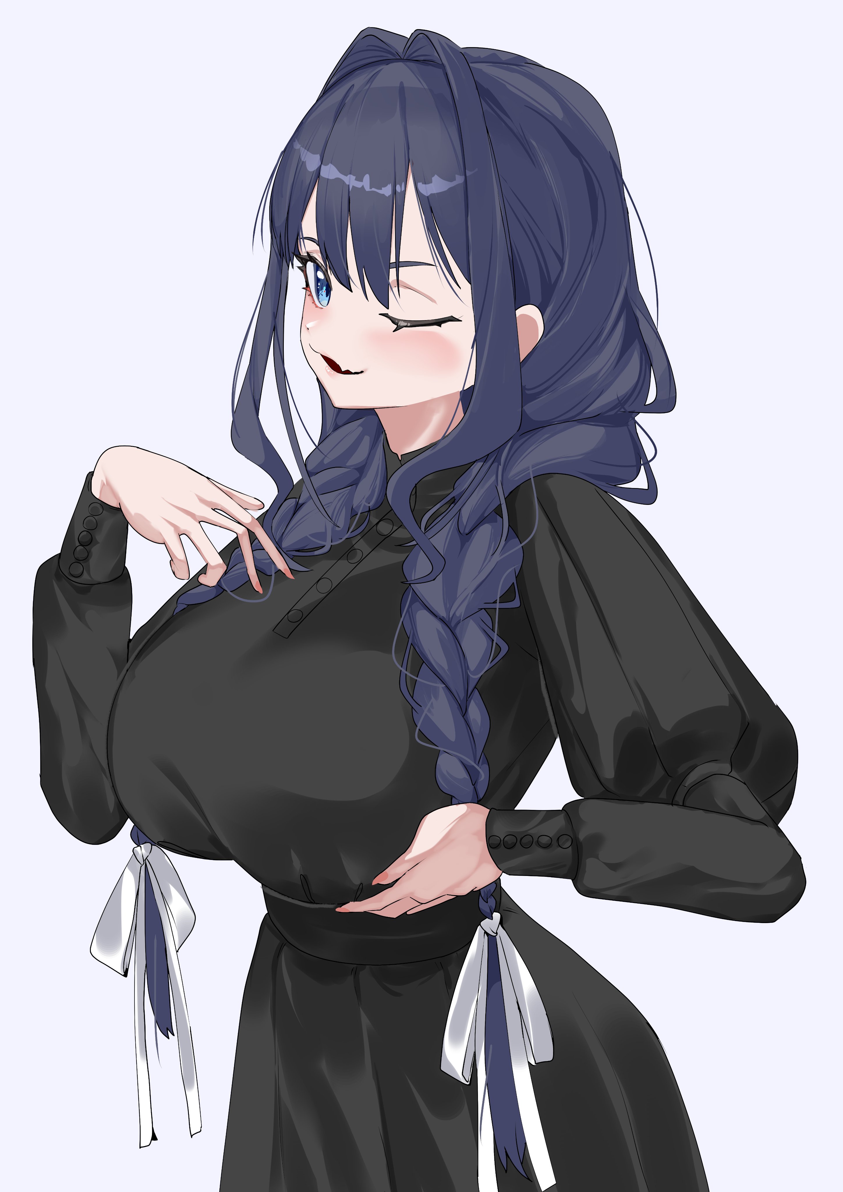 daaku (koizumi arata), ouro kronii, ouro kronii (maid), hololive, hololive english, absurdres, highres, 1girl, blue eyes, blue hair, blush, breasts, large breasts, long hair, long sleeves, looking at viewer, one eye closed, open mouth, simple background