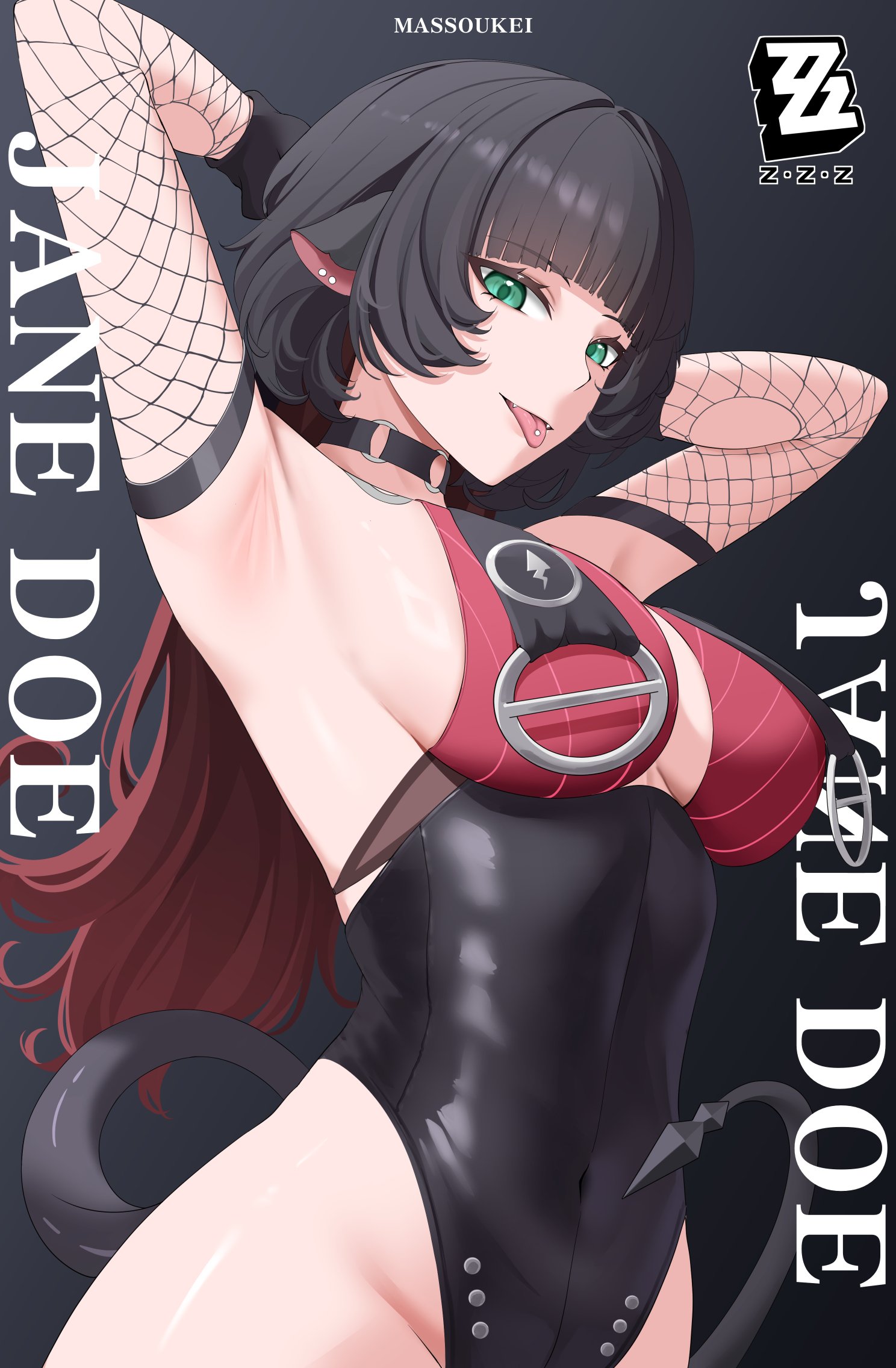 massoukei, jane doe (nocturne of light) (zenless zone zero), jane doe (zenless zone zero), zenless zone zero, commentary, highres, 1girl, animal ears, armpits, artist name, black background, black gloves, black hair, black one-piece swimsuit, breasts, character name, choker, covered navel, fishnet sleeves, fishnets, gloves, green eyes, large breasts, leotard, long hair, looking at viewer, mouse ears, mouse girl, mouse tail, multicolored hair, official alternate costume, one-piece swimsuit, red hair, sideboob, solo, swimsuit, tail, tongue, tongue out, two-tone hair, underboob, very long hair