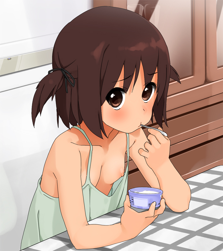 kaisenn, original, commentary request, 1girl, :t, breasts, brown eyes, brown hair, downblouse, eating, female focus, flat chest, food, ice cream, loli, looking at viewer, nipple slip, nipples, small breasts, solo, spoon