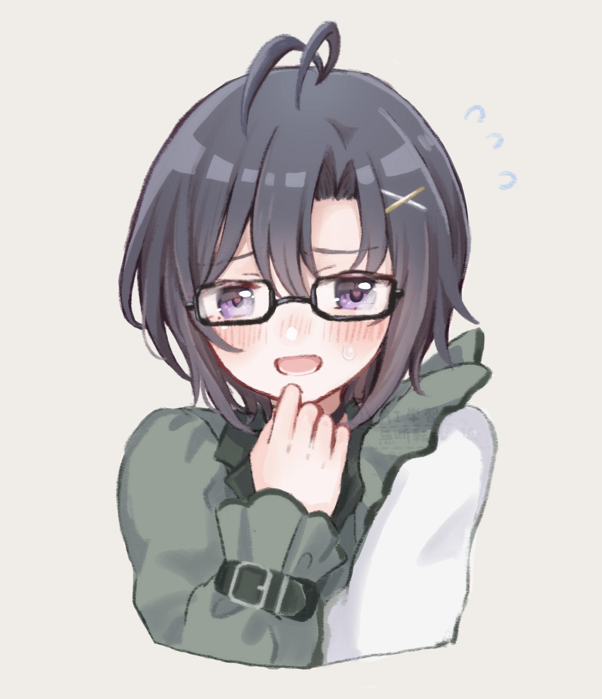 shirako (srk srtk), kikuchi makoto, idolmaster, idolmaster (classic), idolmaster million live!, idolmaster million live! theater days, highres, 1girl, antenna hair, bespectacled, black-framed eyewear, black hair, blush, cropped torso, flying sweatdrops, glasses, hair ornament, hand up, heart, heart-shaped pupils, looking at viewer, official alternate costume, open mouth, purple eyes, short hair, simple background, solo, sweatdrop, symbol-shaped pupils, watermark, x hair ornament