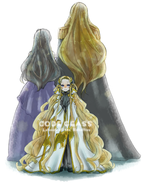 hane amamidokoro, charles zi britannia, marianne vi britannia, v.v., code geass, artist request, 00s, 1girl, 2boys, aged down, back-to-back, blonde hair, blush, brown hair, child, curly hair, dress, epaulettes, family, formal clothes, husband and wife, long hair, multiple boys, purple eyes, siblings, size difference, white background