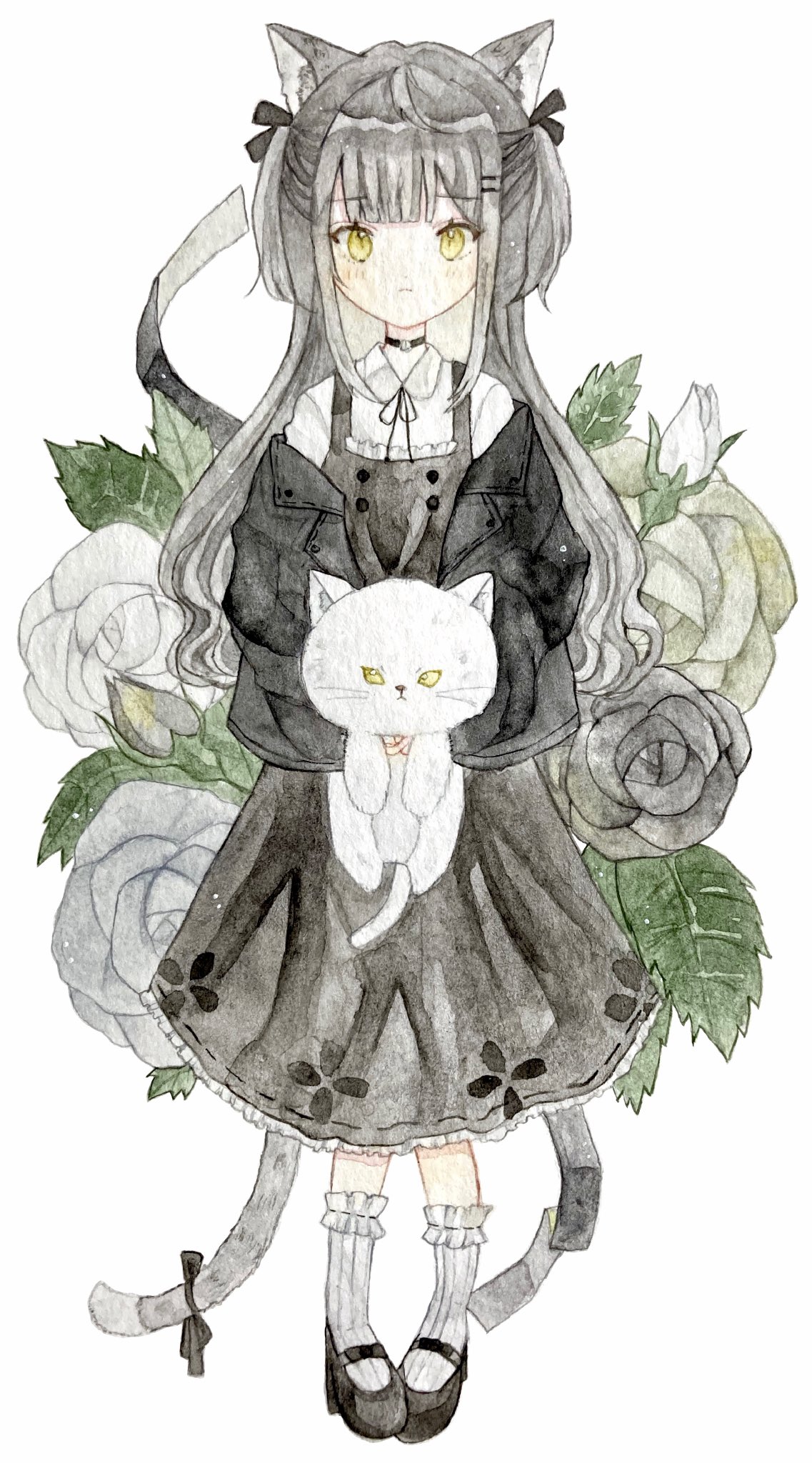 aoyagi874, original, commentary request, highres, painting (medium), traditional media, watercolor (medium), 1girl, animal, animal ears, black dress, black shoes, blunt bangs, bow, cat, cat ears, cat tail, choker, closed mouth, collared shirt, dress, expressionless, floral background, flower, frilled socks, frills, full body, grey flower, grey rose, hair bow, hair ornament, hairclip, holding, holding animal, holding cat, jacket, jacket over dress, kneehighs, leaf, long hair, long sleeves, looking at viewer, mary janes, neck ribbon, pinafore dress, puffy sleeves, ribbon, rose, shirt, shoes, sidelocks, skirt, sleeveless, sleeveless dress, socks, solo, standing, straight-on, tail, tail bow, tail ornament, twintails, white cat, white flower, white rose, white shirt, yellow eyes