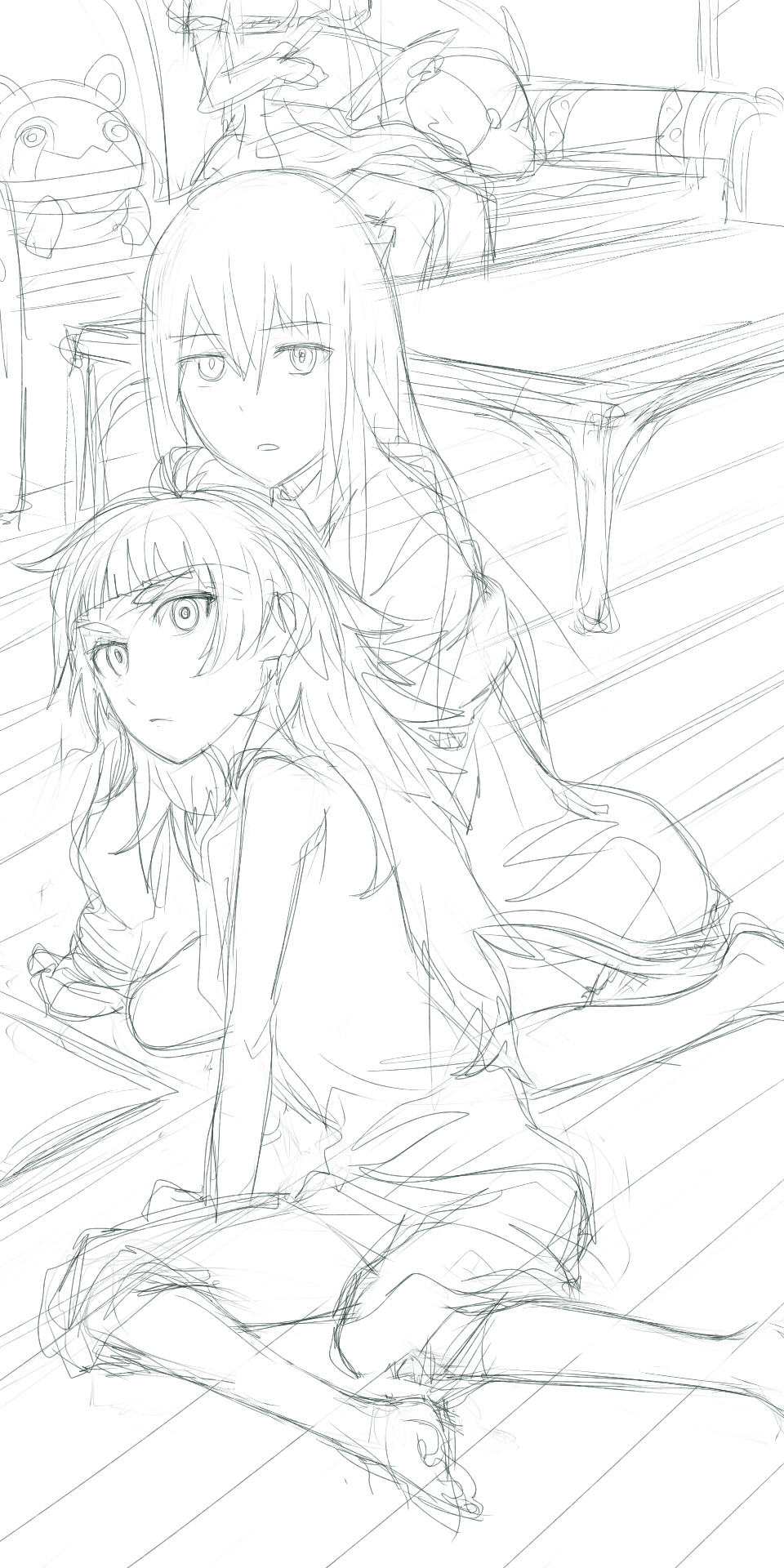 menomorute, hiyajou maho, makise kurisu, shiina mayuri, science adventure, steins;gate, steins;gate 0, highres, 3girls, blunt bangs, dress shirt, indoors, long hair, looking at viewer, messy hair, monochrome, multiple girls, on floor, reading, shirt, shorts, sitting, very long hair