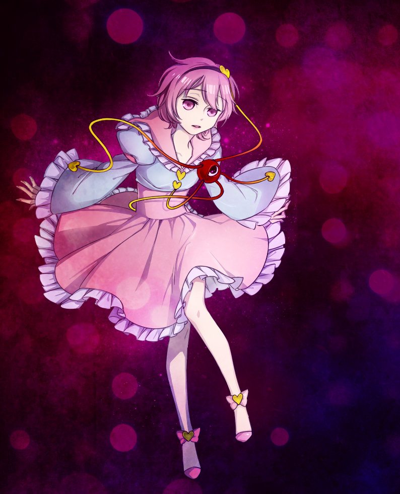 akashingo, komeiji satori, touhou, bad id, bad pixiv id, 1girl, female focus, full body, hairband, heart, pink eyes, pink hair, short hair, solo