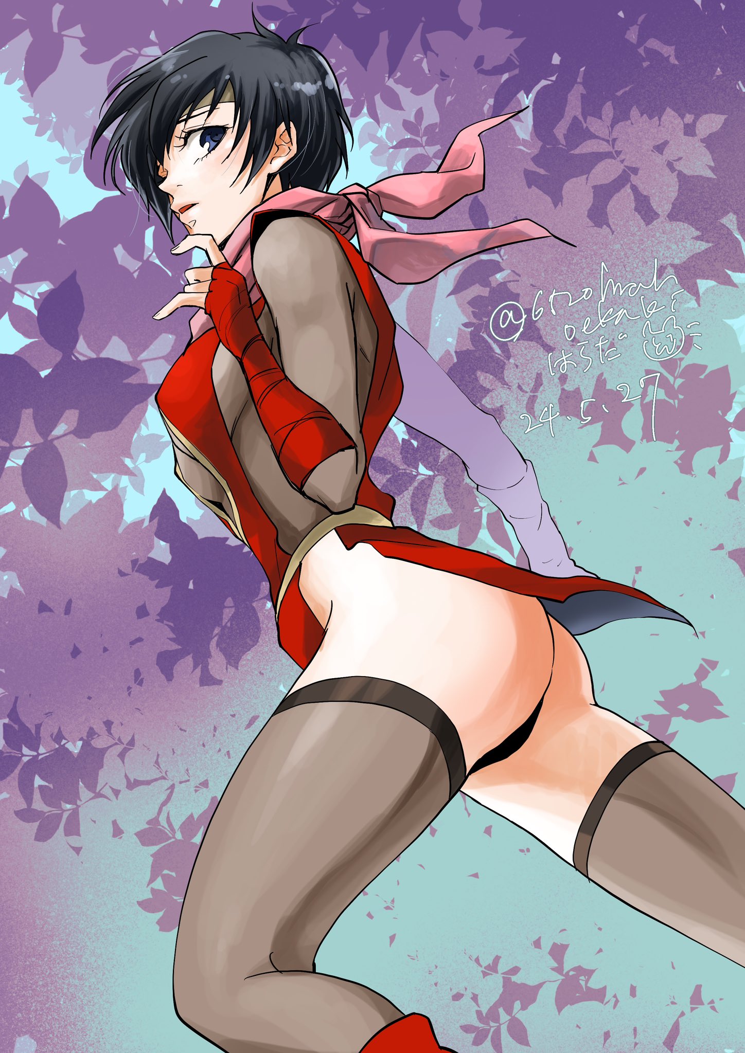 hnahoekaki, kasumi (suikoden), gensou suikoden, highres, 1girl, ass, black hair, blue eyes, breasts, headband, leaf, looking at viewer, ninja, open mouth, scarf, short hair, sideboob, solo, thighhighs, underboob