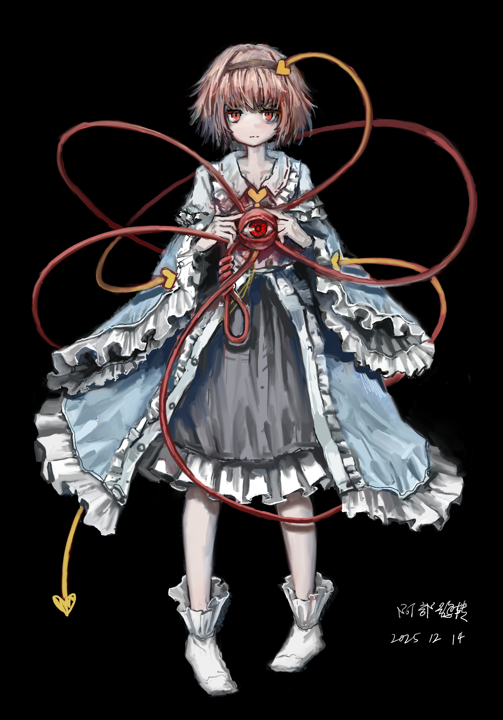 zhuxie1264852, komeiji satori, touhou, commentary, highres, 1girl, alternate costume, artist name, black background, black skirt, blue shirt, brown hairband, buttons, collared shirt, dated, eyeball, frilled shirt collar, frilled skirt, frilled sleeves, frills, full body, hair ornament, hairband, heart, heart button, heart hair ornament, looking at viewer, pink hair, red eyes, ribbon-trimmed collar, ribbon trim, shirt, short hair, simple background, skirt, socks, solo, third eye, white socks