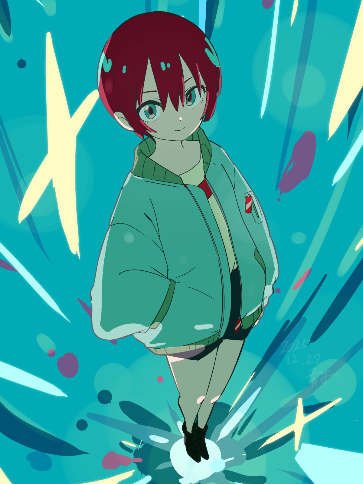 bluearcadegames, amate yuzuriha, gundam, gundam gquuuuuux, highres, 1girl, black boots, black shorts, blue background, blue eyes, blue jacket, boots, double-parted bangs, full body, hair between eyes, hand in pocket, jacket, long sleeves, looking at viewer, red hair, shirt, short hair, short shorts, shorts, sidelocks, smile, solo, white shirt