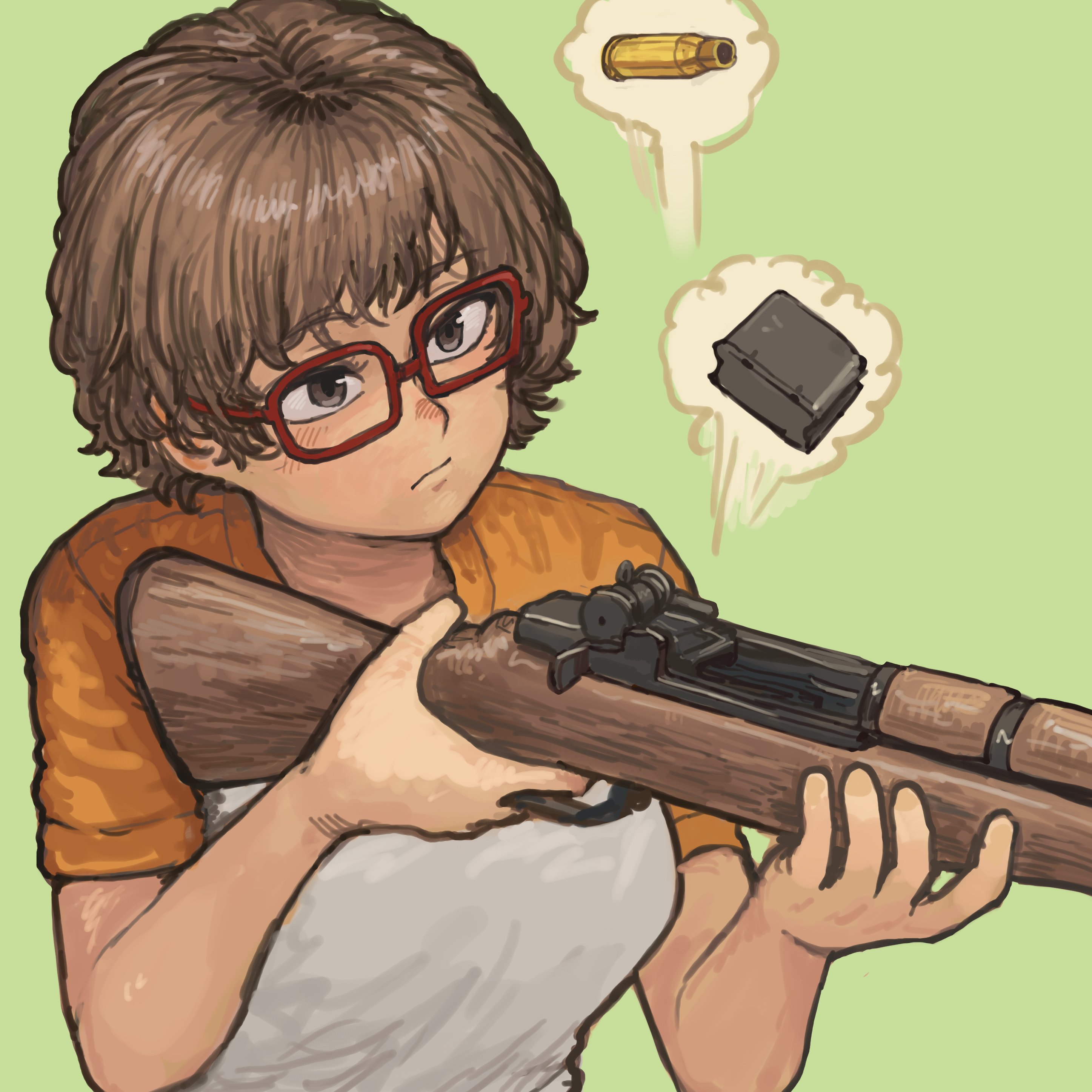chanta (ayatakaoisii), original, absurdres, highres, 1girl, breasts, brown eyes, brown hair, casing ejection, clip (weapon), closed mouth, firing, glasses, green background, gun, holding, holding gun, holding weapon, looking ahead, m1 garand, red-framed eyewear, rifle, shell casing, shirt, short hair, short sleeves, simple background, solo, t-shirt, upper body, weapon