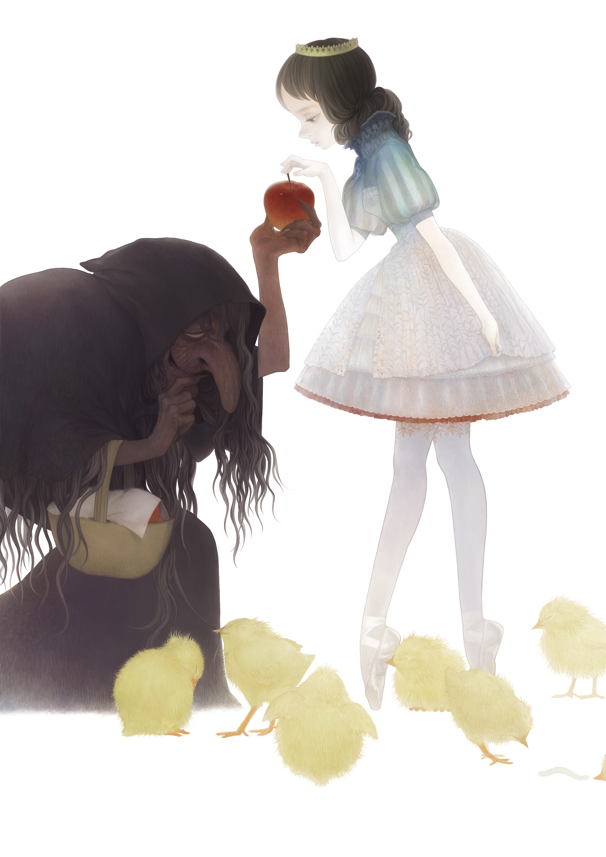 matayoshi, absurdres, highres, 2girls, apple, baby animal, bird, chick, chicken, fingernails, food, fruit, gothic lolita, holding, holding food, holding fruit, lolita fashion, long fingernails, multiple girls, nail (hardware), old, old woman, pantyhose, white pantyhose, witch, worm