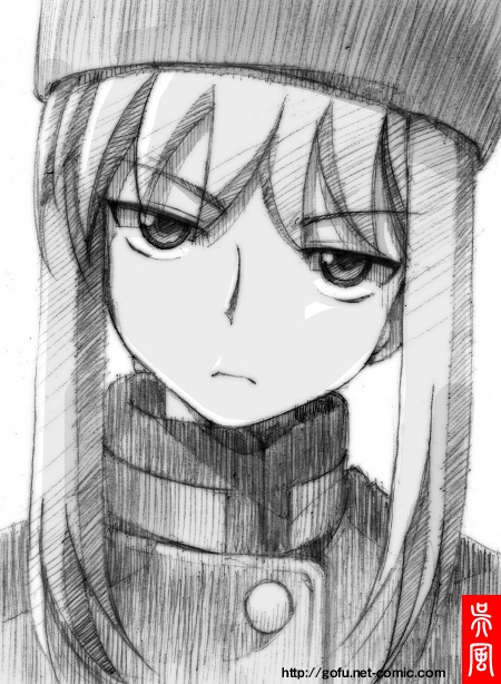 gofu, tanya (darker than black), tanya akulova, darker than black, traditional media, 00s, 1girl, female focus, greyscale, monochrome, sketch, solo