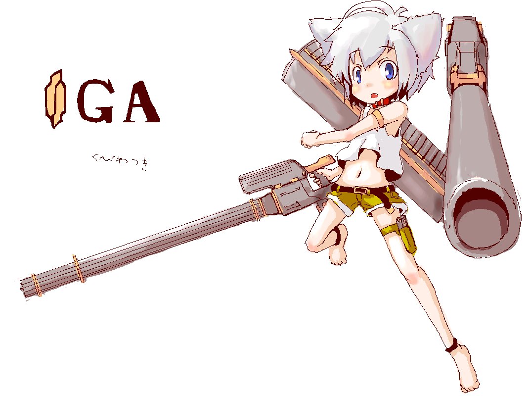 armored core, armored core: for answer, armored core 4, fromsoftware, 1girl, animal ears, cannon, cat ears, cat girl, collar, female focus, full body, gatling gun, gun, navel, shorts, simple background, solo, weapon, white background