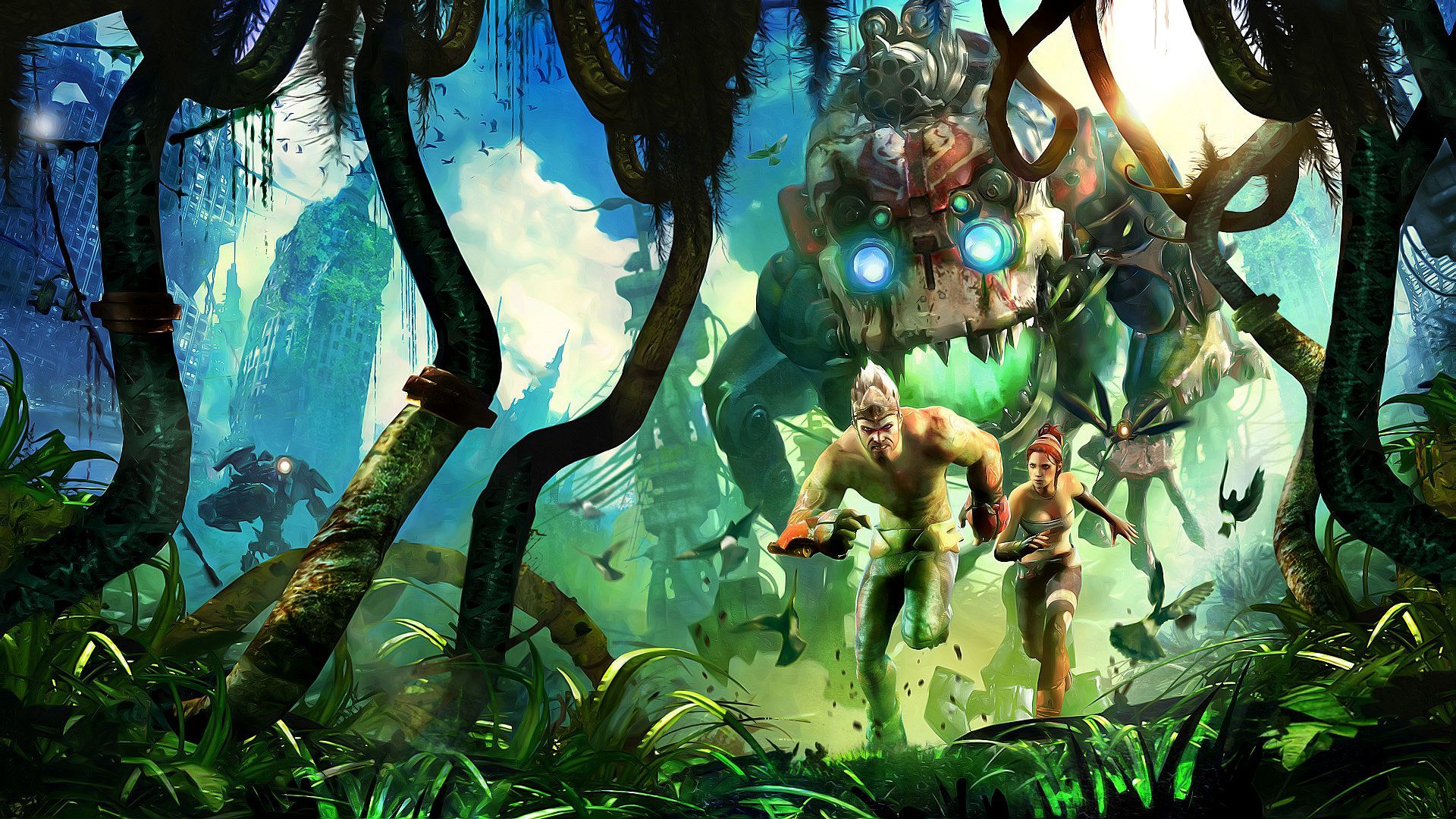talexi, highres, non-web source, official art, blue sky, building, enslaved: odyssey to the west, facepaint, fingerless gloves, gauntlets, gloves, mecha, monkey (enslaved: odyssey to the west), robot, sky, trip (enslaved: odyssey to the west)