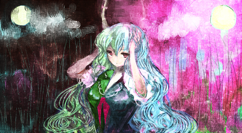 amii, ex-keine, kamishirasawa keine, touhou, bad id, bad pixiv id, 1girl, blue hair, female focus, green hair, horns, long hair, red eyes, solo, standing