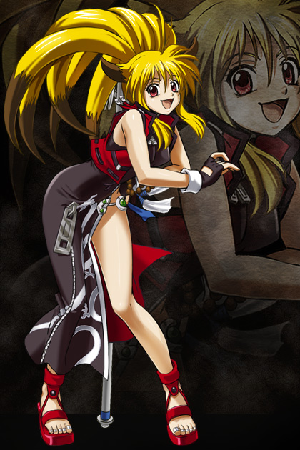 haruyama kazunori, xiaomu, banpresto, namco x capcom, super robot wars, super robot wars og saga mugen no frontier, 1girl, blonde hair, female focus, fingerless gloves, gloves, long hair, multicolored hair, ponytail, red eyes, sandals, side slit, solo, two-tone hair, zipper pull tab, zoom layer