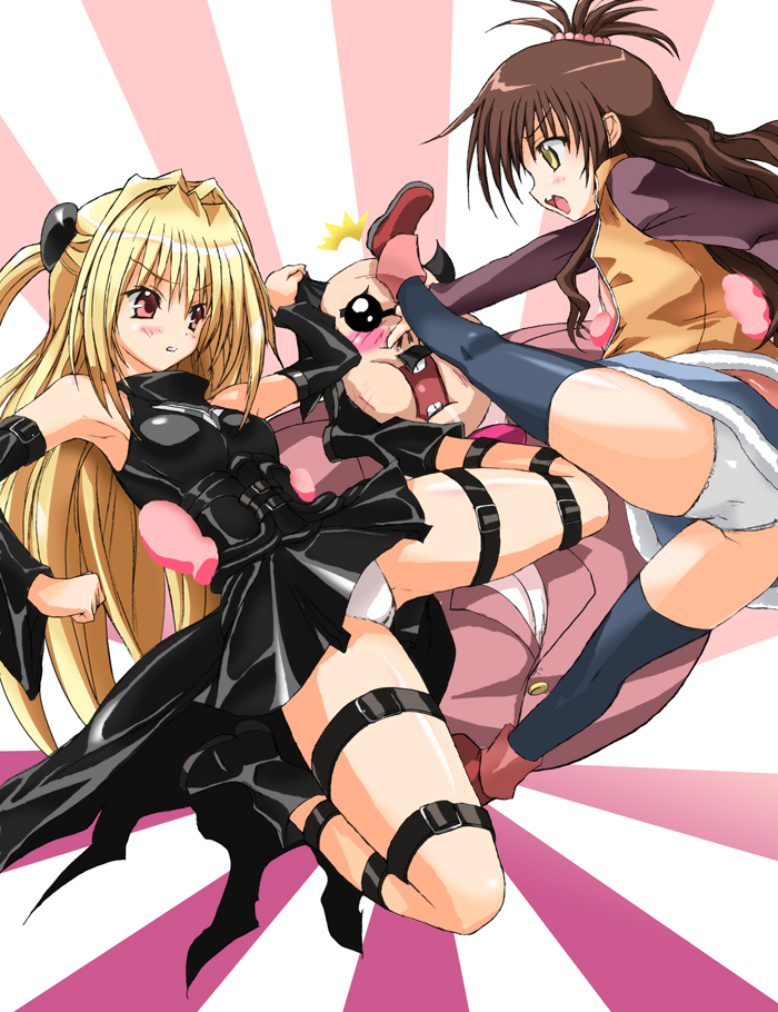 tanaka hitoriaruki, konjiki no yami, principal (to love-ru), yuuki mikan, to love-ru, 00s, 2girls, armpits, ass, belt, blonde hair, brown hair, kicking, knees, legband, long hair, multiple girls, panties, red eyes, spread legs, thigh strap, thighhighs, twintails, underwear, very long hair, yellow eyes