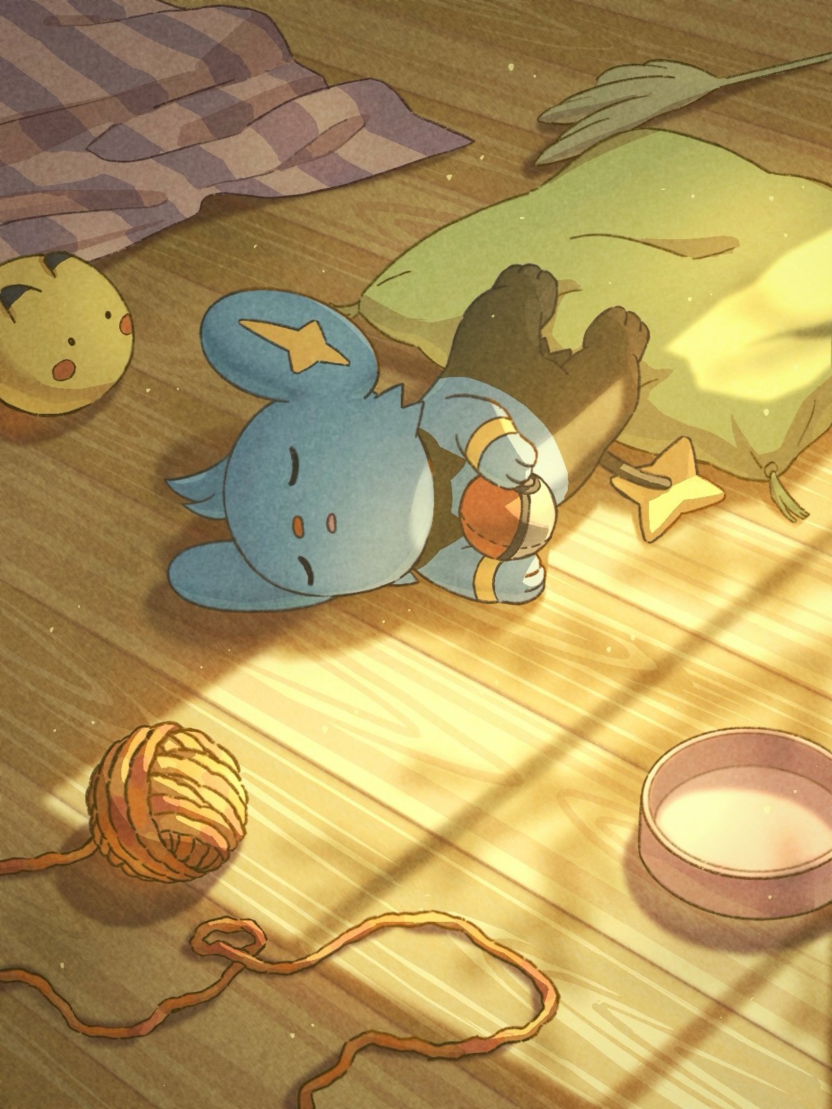 shinx, nintendo, pokemon, commentary request, highres, official art, bowl, closed eyes, cushion, gen 4 pokemon, lying, no humans, open mouth, pokemon (creature), pokemon focus, shadow, sleeping, solo, yarn, yarn ball