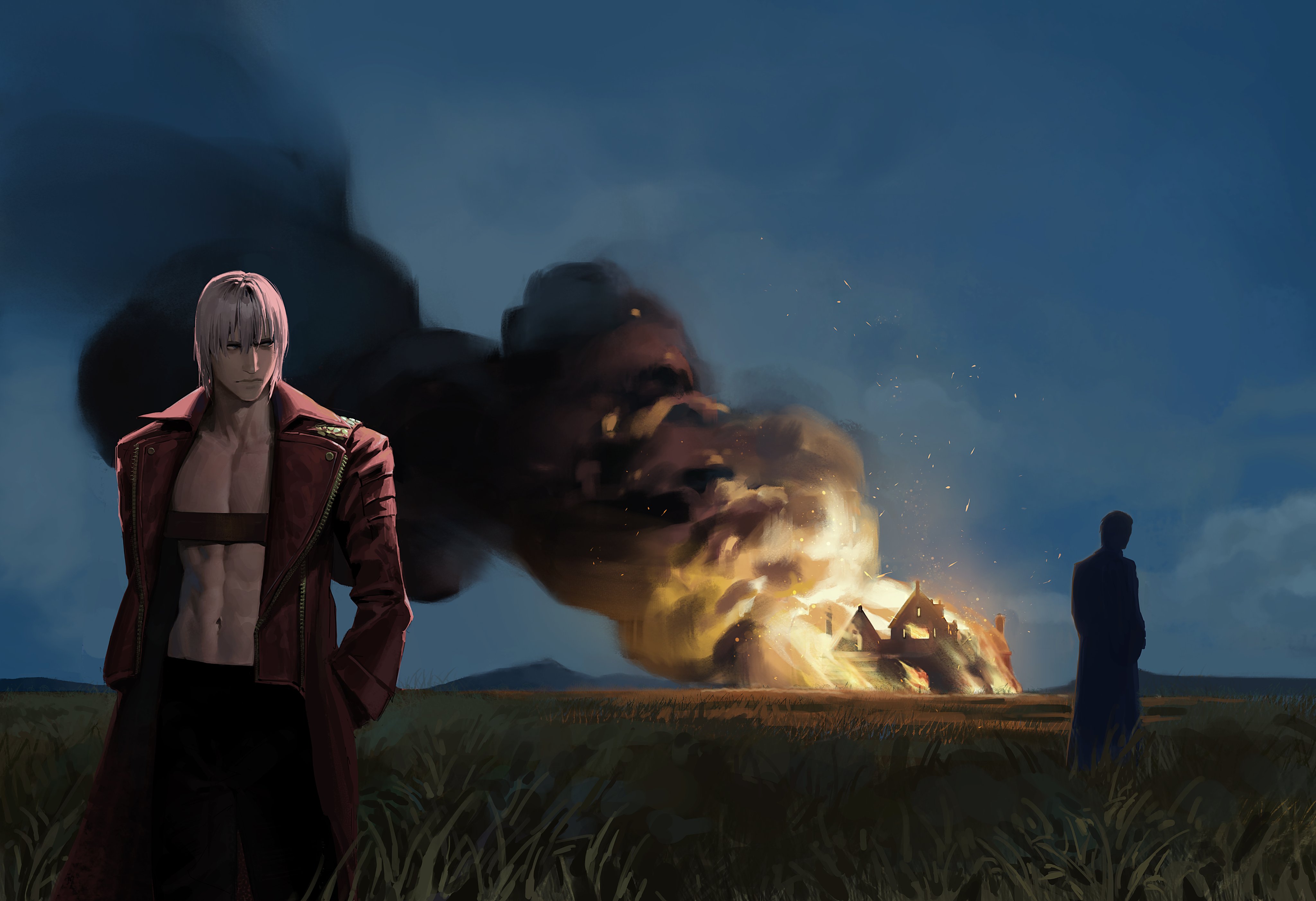 maozhu, dante (devil may cry), vergil (devil may cry), devil may cry (series), absurdres, commentary, english commentary, highres, 2boys, abs, blue sky, burning, coat, collarbone, embers, field, hands in pockets, house, male focus, multiple boys, navel, outdoors, pectorals, red coat, short hair, sky, toned, toned male, white hair