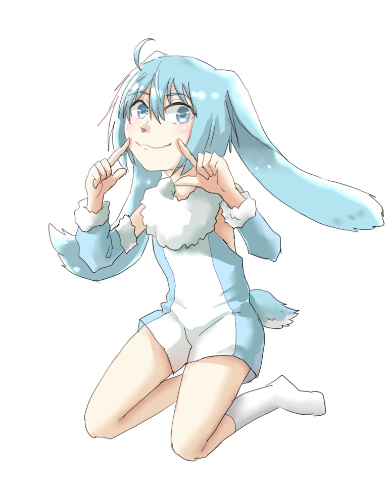 1boy, ahoge, animal ears, blue eyes, blue leotard, detached sleeves, fur-trimmed sleeves, fur trim, hair between eyes, index finger raised, kenma-kun, kneeling, koushinism, leotard, nmanmakenma, rabbit boy, rabbit ears, rabbit tail, sleeveless, socks, tail, trap, white socks