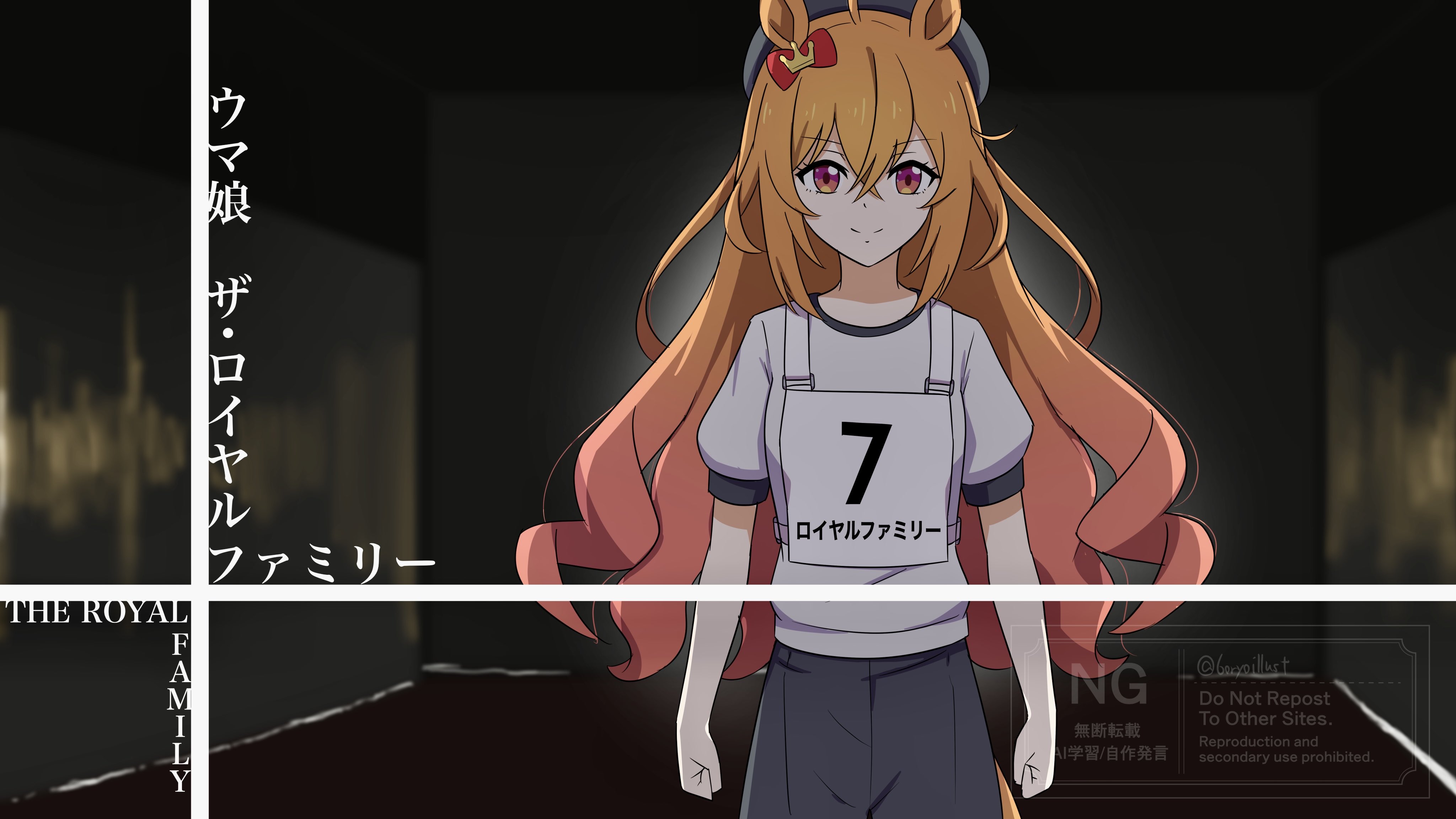 ryochan96154, the royal family (tv series), absurdres, commentary request, highres, ahoge, alternate costume, animal ears, beret, breasts, character name, dark background, hair between eyes, hair ornament, hat, horse girl, long hair, looking at viewer, orange eyes, orange hair, ribbon, royal family (the royal family), shorts, small breasts, smile