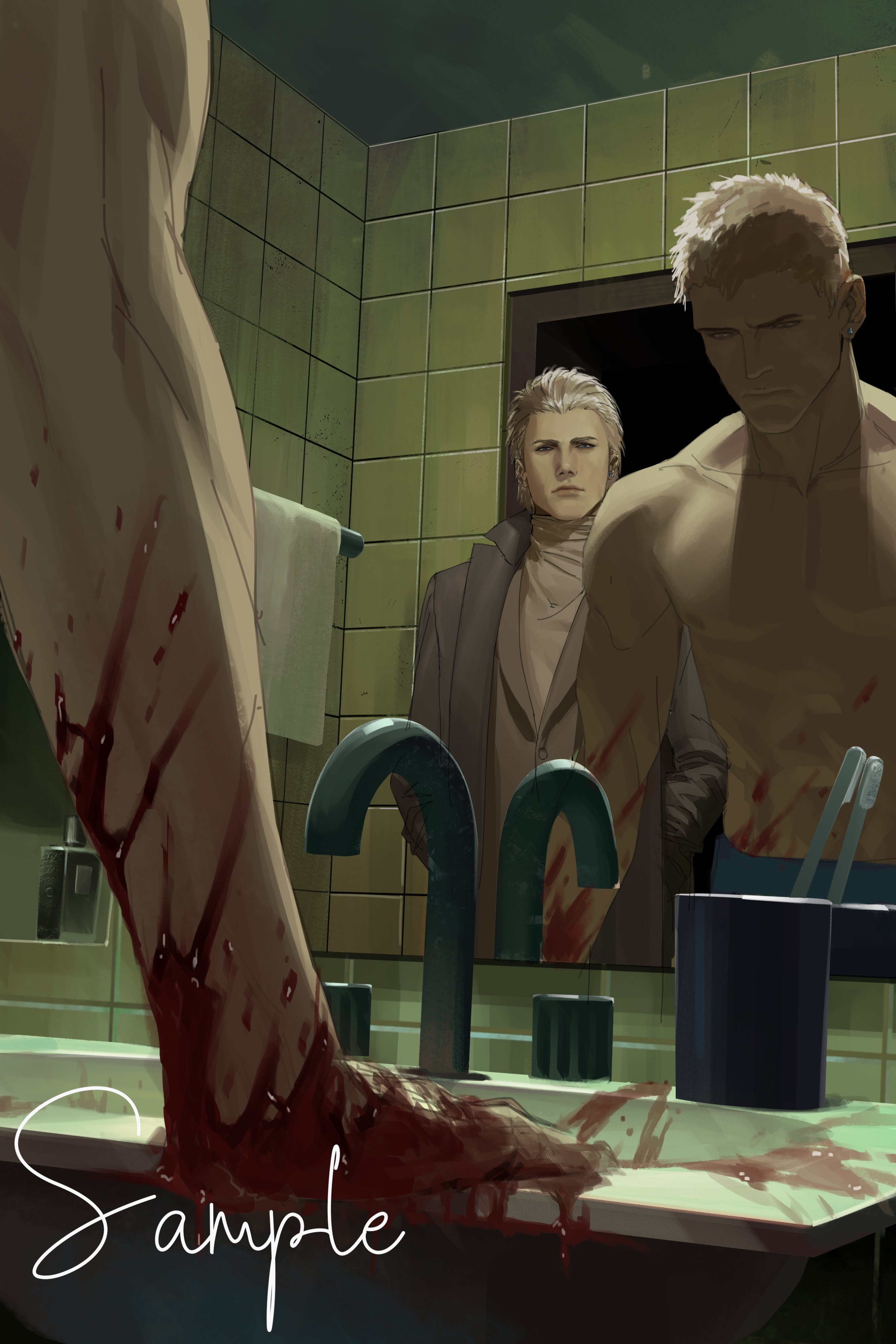maozhu, nero (devil may cry), vergil (devil may cry), devil may cry (series), absurdres, highres, 2boys, bathroom, blood, blood on hands, closed mouth, coat, collarbone, earrings, faucet, grey coat, jewelry, male focus, multiple boys, pectorals, sample watermark, short hair, sink, tile wall, tiles, toothbrush, topless male, towel, watermark