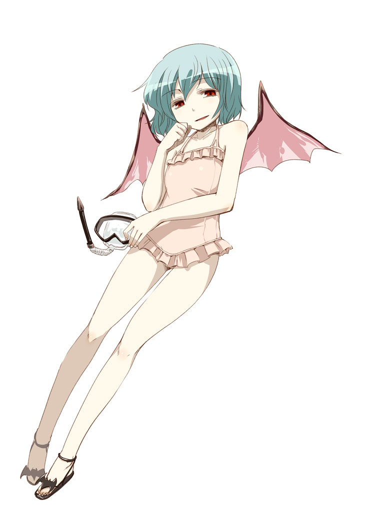 hota, remilia scarlet, touhou, frilled swimsuit, 1girl, bat wings, blue hair, casual one-piece swimsuit, diving mask, female focus, flat chest, frills, goggles, one-piece swimsuit, red eyes, short hair, solo, swimsuit, wings