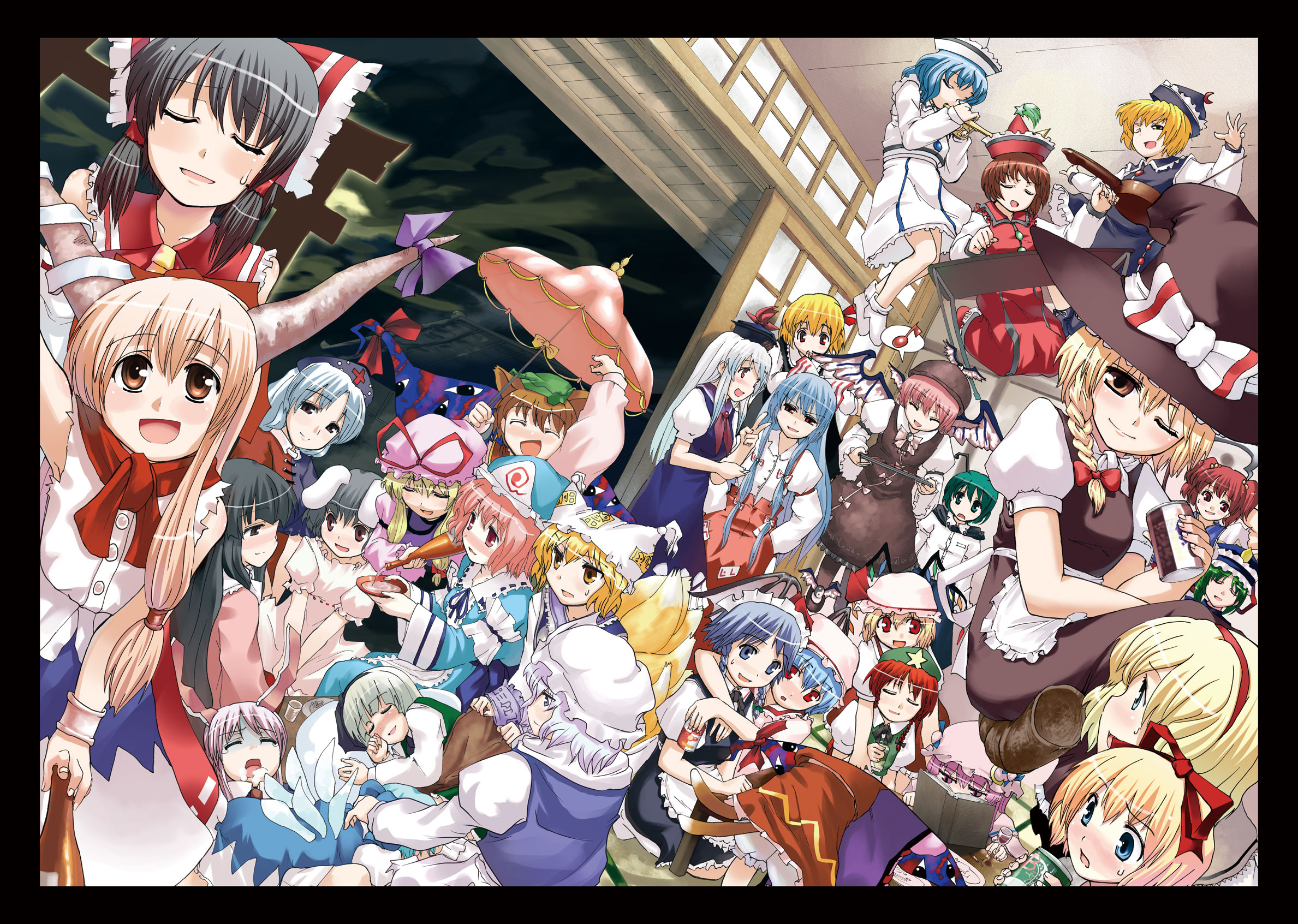 hota, alice margatroid, chen, cirno, flandre scarlet, fujiwara no mokou, hakurei reimu, hong meiling, houraisan kaguya, ibuki suika, inaba tewi, izayoi sakuya, kamishirasawa keine, kirisame marisa, konpaku youmu, letty whiterock, lunasa prismriver, lyrica prismriver, medicine melancholy, merlin prismriver, mystia lorelei, onozuka komachi, patchouli knowledge, reisen udongein inaba, remilia scarlet, rumia, saigyouji yuyuko, shiki eiki, wriggle nightbug, yagokoro eirin, yakumo ran, yakumo yukari, touhou, silver hair, highres, 6+girls, alcohol, animal ears, antennae, beer, blonde hair, blue eyes, blue hair, book, border, bow, braid, brown eyes, brown hair, cape, cat ears, cat tail, earrings, everyone, fox tail, green hair, hair ribbon, hat, horns, instrument, jewelry, long hair, maid, multiple girls, multiple tails, pink hair, purple hair, rabbit ears, red eyes, red hair, ribbon, short hair, tail, twin braids, twintails, two side up, wings, witch, witch hat, yellow eyes