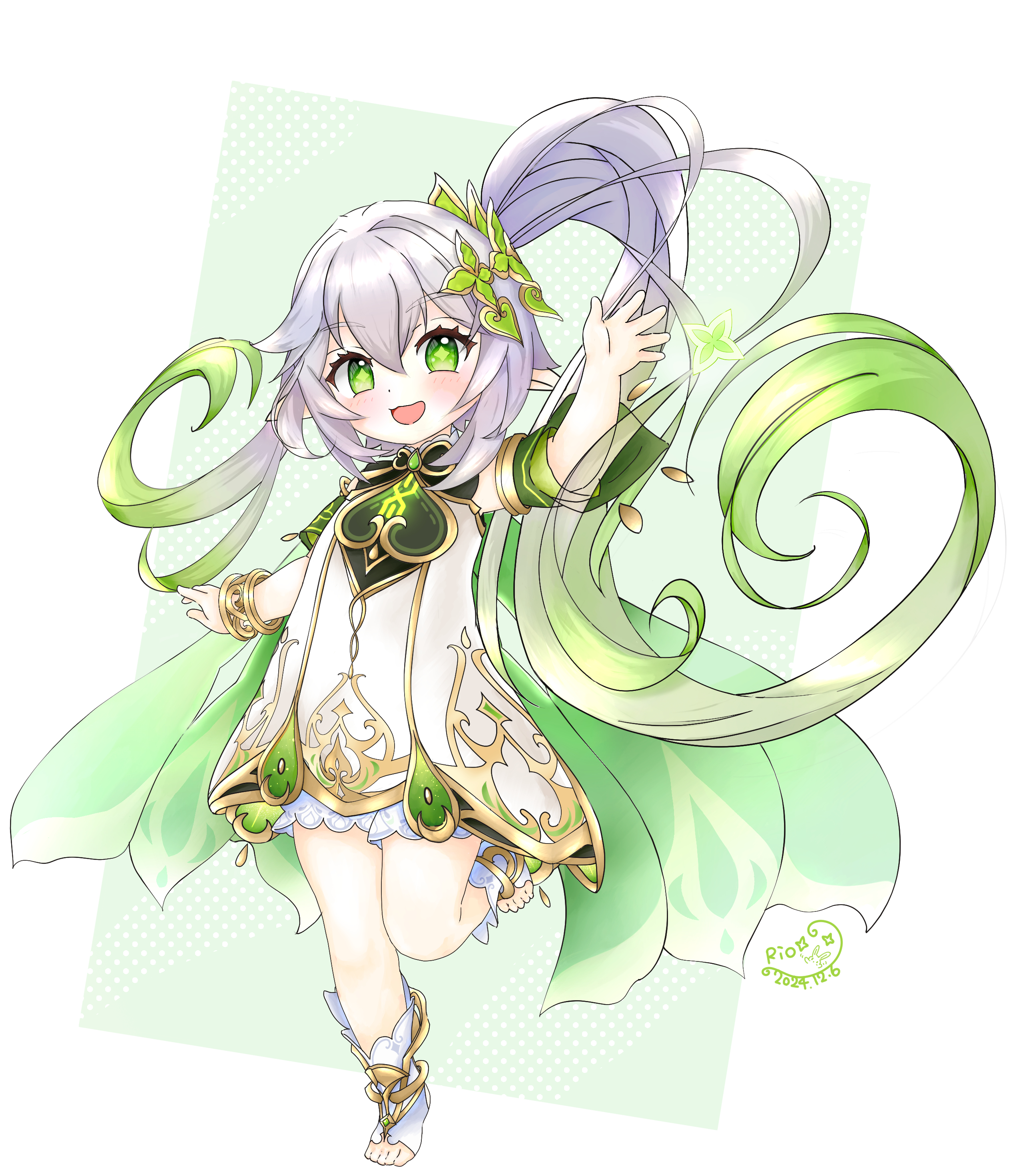 nahida (genshin impact), genshin impact, absurdres, commentary, highres, 1girl, :d, alternate hair length, alternate hairstyle, bloomers, blush, bracelet, dated, detached sleeves, dress, full body, gradient hair, green eyes, green hair, green sleeves, hair between eyes, hand up, jewelry, leg up, long hair, looking at viewer, multicolored hair, open mouth, riosnowleopard, side ponytail, signature, sleeveless, sleeveless dress, smile, solo, star-shaped pupils, star (symbol), stirrup legwear, symbol-shaped pupils, toeless legwear, toes, underwear, very long hair, white bloomers, white dress, white hair