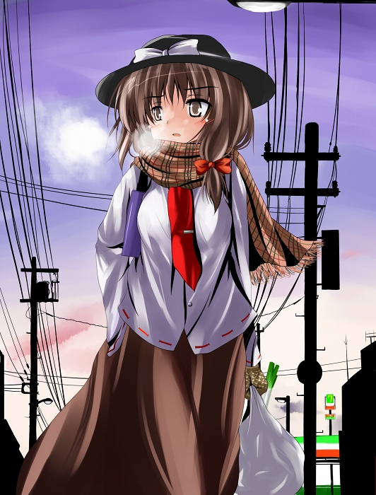 tsuzuri (tuzuri), usami renko, ghostly field club, touhou, 1girl, bag, breath, brown eyes, brown hair, female focus, hat, necktie, outdoors, scarf, skirt, sky, solo, spring onion, winter