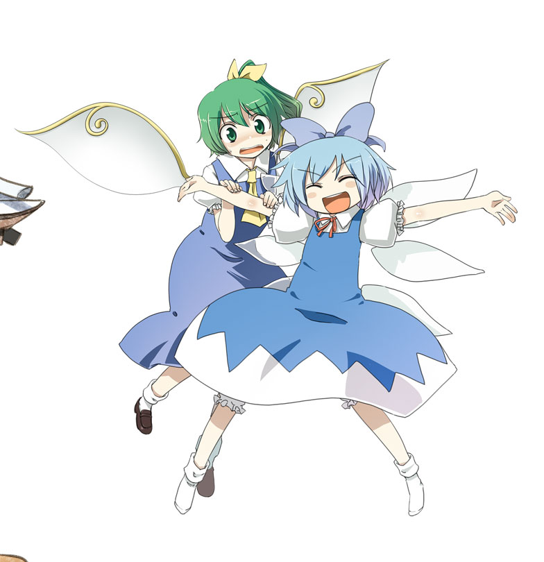 hota, cirno, daiyousei, embodiment of scarlet devil, touhou, 2girls, blue hair, bow, green hair, hair bow, multiple girls, ribbon, short hair, side ponytail, wings