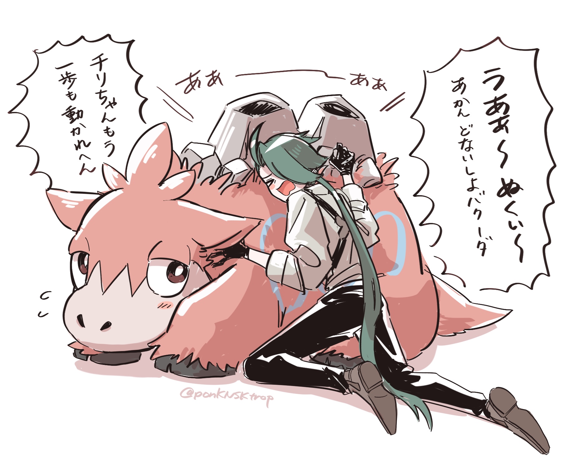 pon (ponymmtknsk), camerupt, rika (pokemon), nintendo, pokemon, pokemon sv, commentary request, highres, > <, 1girl, black gloves, black pants, blush, bright pupils, brown shoes, gen 3 pokemon, gloves, green hair, long hair, open mouth, pants, pokemon (creature), ponytail, reverse trap, shoes, speech bubble, twitter username, very long hair, white pupils