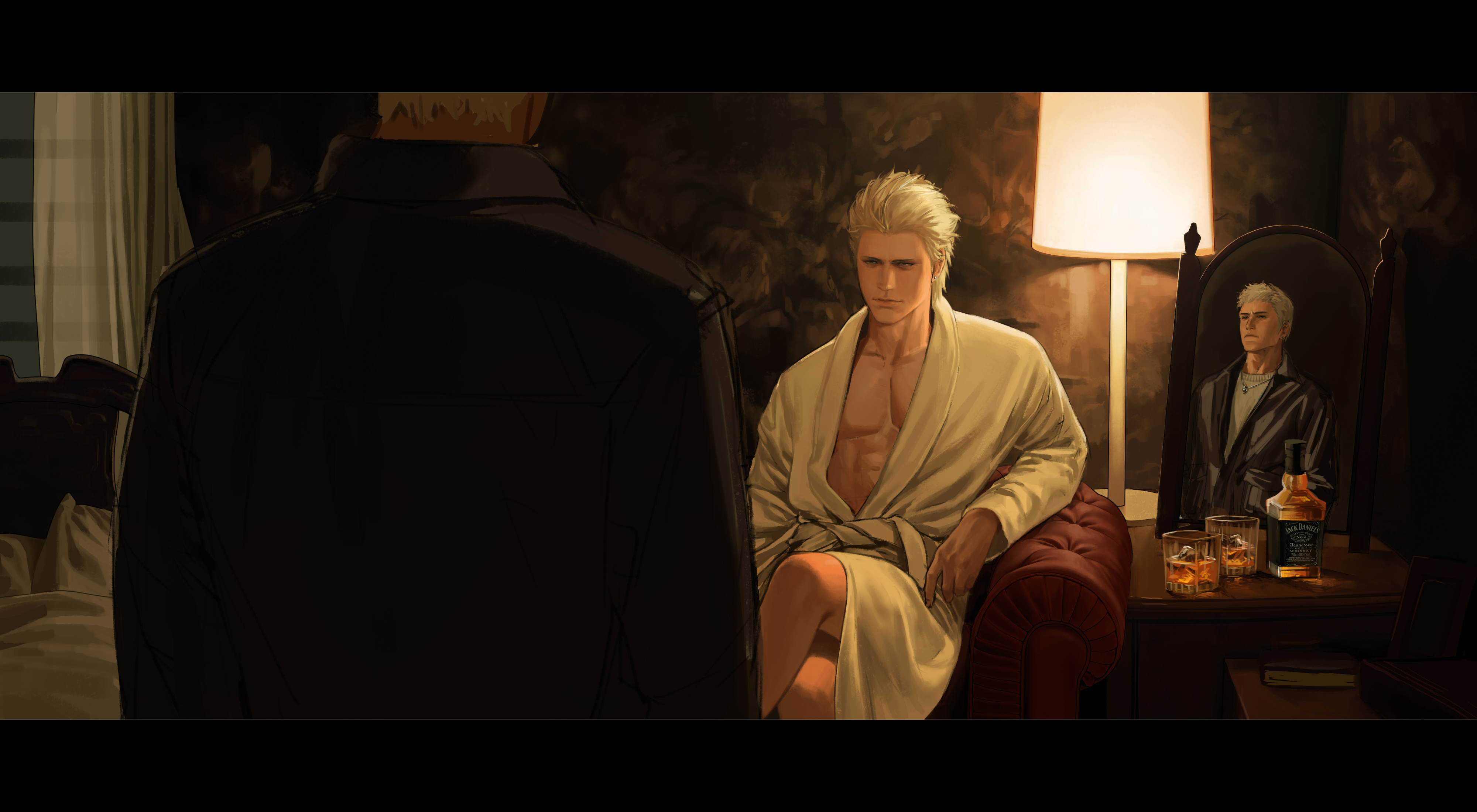 maozhu, nero (devil may cry), vergil (devil may cry), devil may cry (series), jack daniel's, absurdres, commentary, highres, 2boys, alcohol, bathrobe, bedroom, black jacket, book, closed mouth, crossed legs, cup, from behind, indoors, jacket, jewelry, lamp, long sleeves, male focus, mirror, multiple boys, necklace, pectoral cleavage, pectorals, short hair, whiskey, white bathrobe, white hair