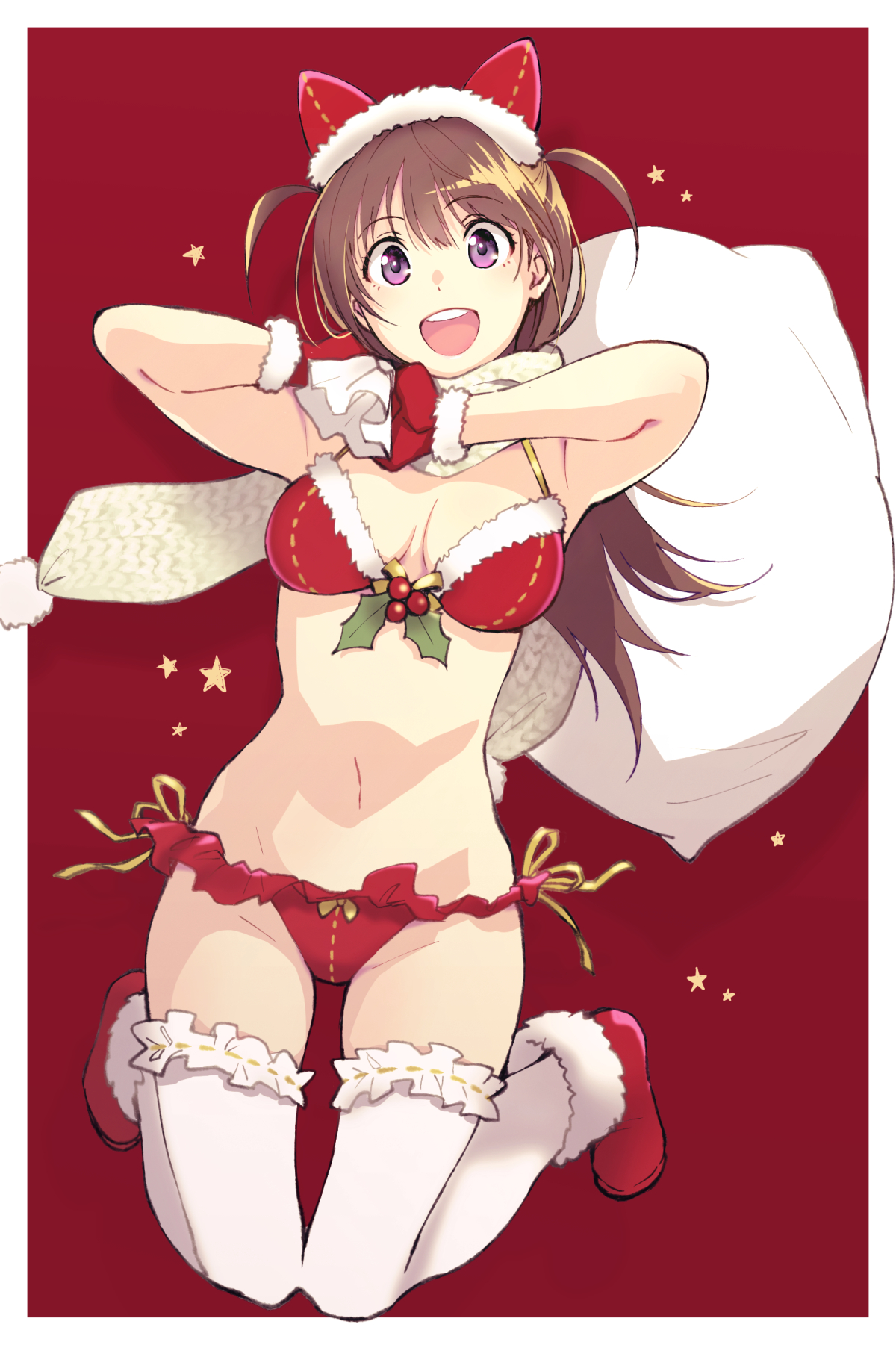 nonaka nono, character request, copyright request, highres, 1girl, bikini, breasts, brown hair, fur-trimmed gloves, fur-trimmed shoes, fur trim, gloves, holding, holding sack, holly, long hair, navel, open mouth, purple eyes, red background, red gloves, red shoes, sack, santa bikini, santa costume, shoes, solo, star (symbol), swimsuit, teeth, thighhighs, upper teeth only, white thighhighs