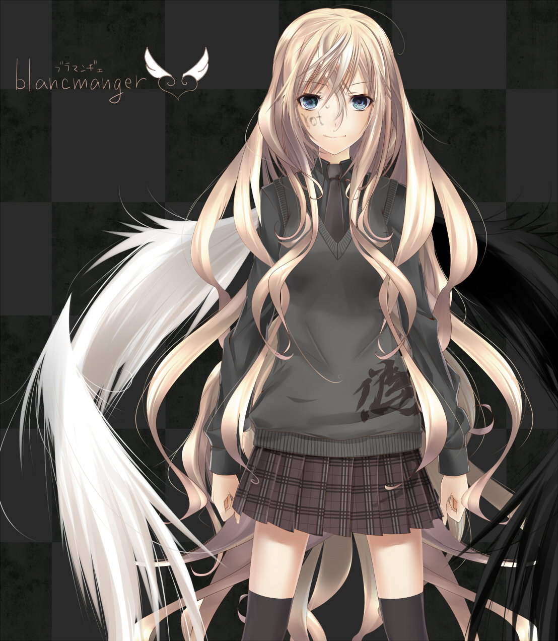 nil, original, bad id, bad pixiv id, highres, 1girl, arms at sides, asymmetrical wings, black necktie, black thighhighs, blonde hair, blue eyes, body writing, checkered background, clothes writing, collared shirt, female focus, hair between eyes, legs apart, long hair, messy hair, miniskirt, mismatched wings, necktie, plaid clothes, plaid skirt, shirt, skirt, smile, solo, standing, thighhighs, wings