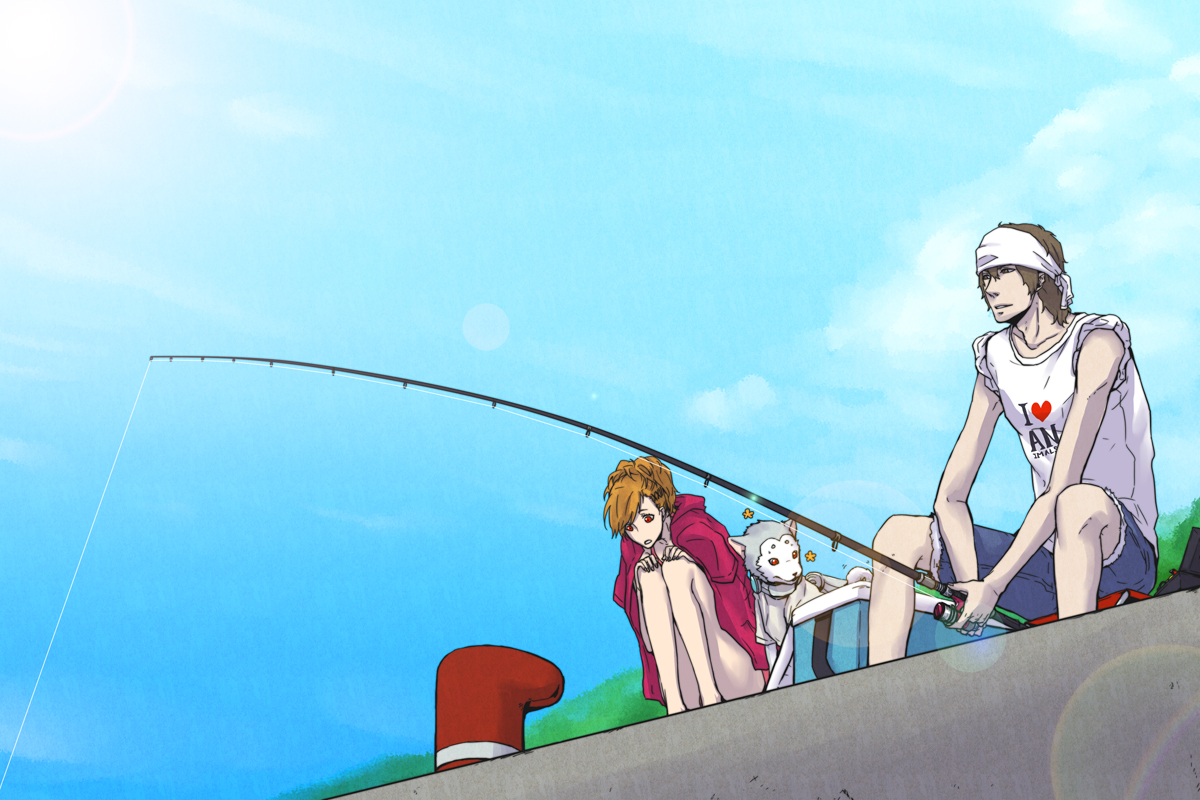 kzhr, aragaki shinjirou, koromaru (persona), shiomi kotone, atlus, persona, persona 3, persona 3 portable, animal, dog, fishing