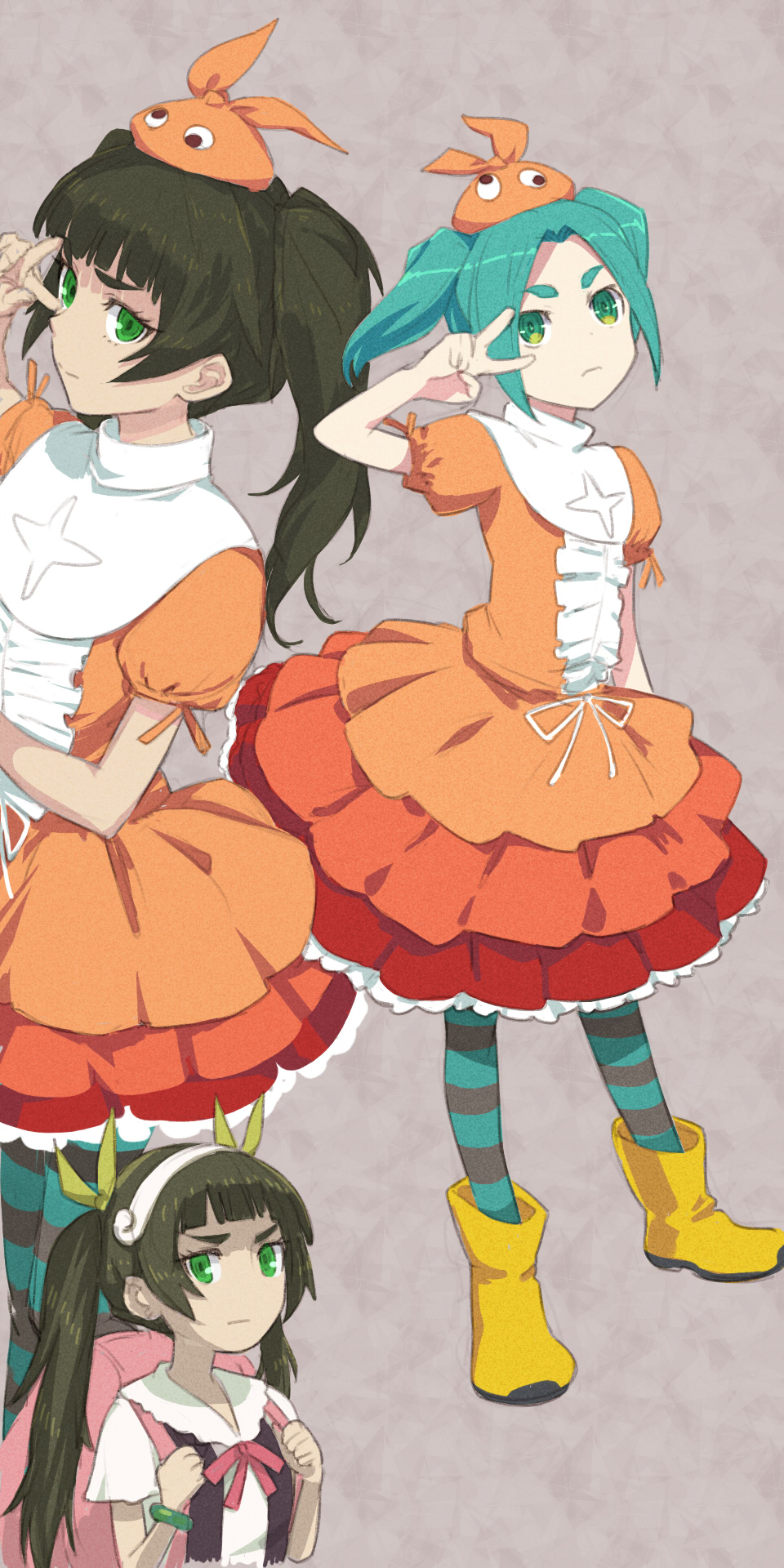 menomorute, hachikuji mayoi, hiyajou maho, ononoki yotsugi, monogatari (series), science adventure, steins;gate, steins;gate 0, tsukimonogatari, highres, 1girl, aqua hair, aqua thighhighs, backpack, bag, blunt bangs, boots, cosplay, dress, googly eyes, green eyes, green hair, hachikuji mayoi (cosplay), hat, hikimayu, long hair, looking at viewer, messy hair, multiple girls, naoetsu high school uniform, ononoki yotsugi (cosplay), orange dress, orange hat, pantyhose, rubber boots, school uniform, short eyebrows, solo, striped clothes, striped pantyhose, striped thighhighs, suspenders, thick eyebrows, thighhighs, twintails, v, v over eye, very long hair, yellow boots