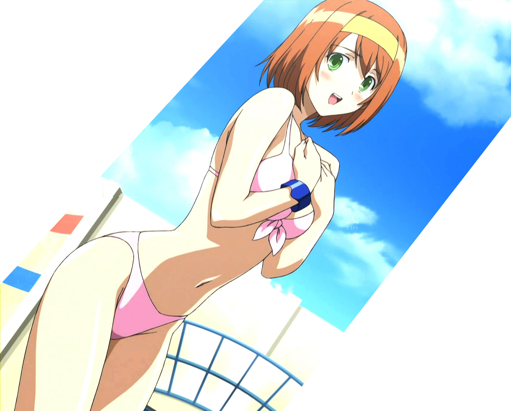 mishima akane, kampfer, anime screenshot, highres, stitched, third-party edit, 00s, 1girl, bikini, blush, day, female focus, glasses, green eyes, pink bikini, short hair, solo, swimsuit