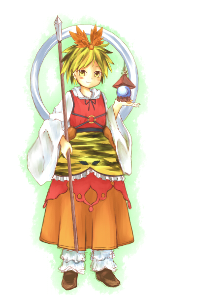 shiki shaku, toramaru shou, touhou, bad id, bad pixiv id, 1girl, bishamonten's pagoda, blonde hair, female focus, full body, hair ornament, lantern, polearm, short hair, solo, spear, standing, weapon, white background, yellow eyes
