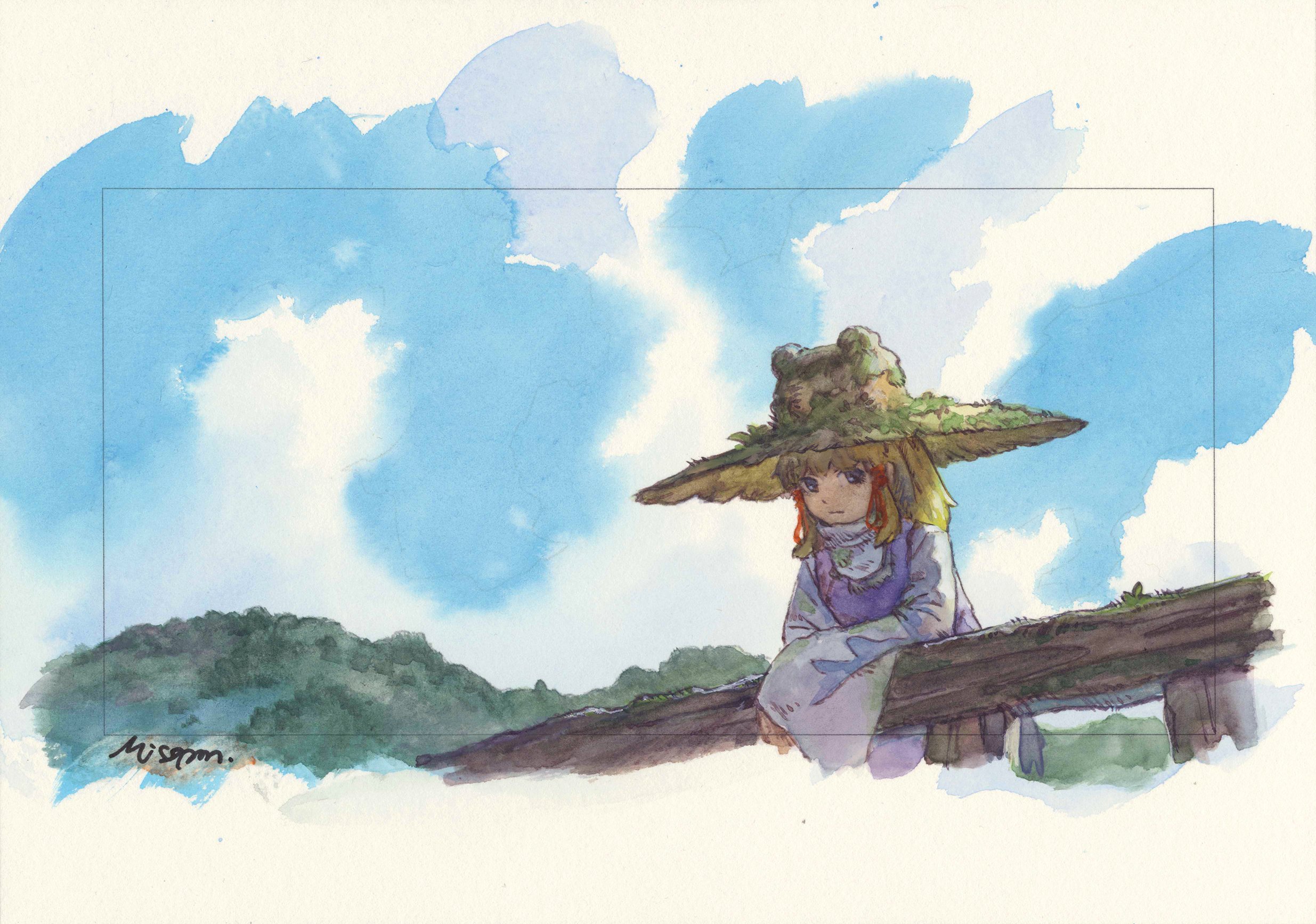 miso pan, moriya suwako, touhou, commentary request, highres, painting (medium), traditional media, watercolor (medium), 1girl, blonde hair, blue sky, brown hat, closed mouth, cloud, cloudy sky, day, expressionless, hair ribbon, hat, hill, long hair, long sleeves, looking at viewer, moss, outdoors, purple vest, red ribbon, ribbon, shirt, signature, sky, sleeves past fingers, sleeves past wrists, solo, tress ribbon, vest, white shirt, wide sleeves