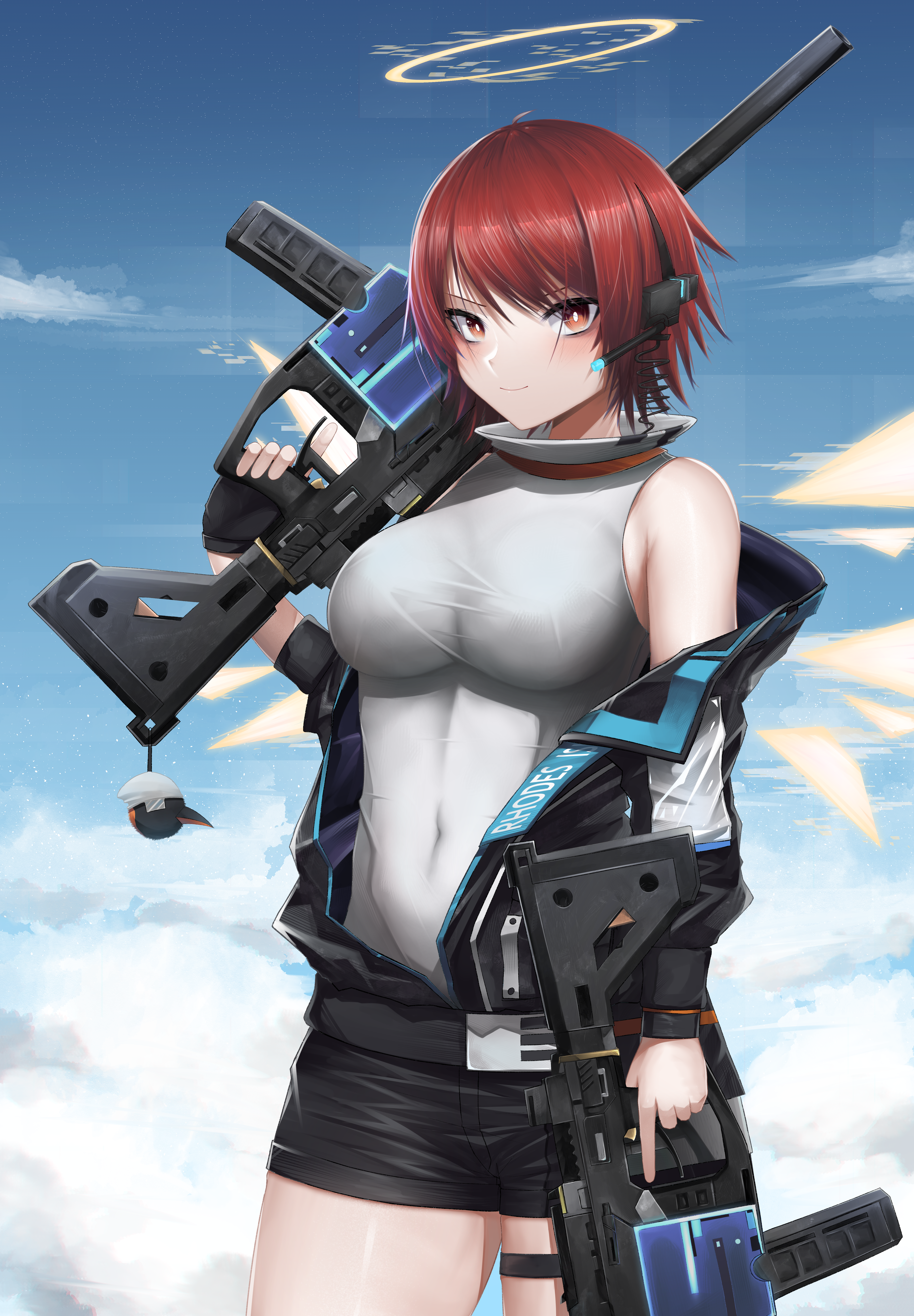 kafu (kafu6416), exusiai (arknights), exusiai (midnight delivery) (arknights), arknights, absurdres, highres, 1girl, black jacket, blue sky, breasts, bright pupils, brown eyes, closed mouth, covered navel, dual wielding, gun, halo, holding, holding gun, holding weapon, jacket, large breasts, official alternate costume, red hair, short hair, sky, sleeveless, solo, thigh strap, thighs, trigger discipline, weapon, white pupils