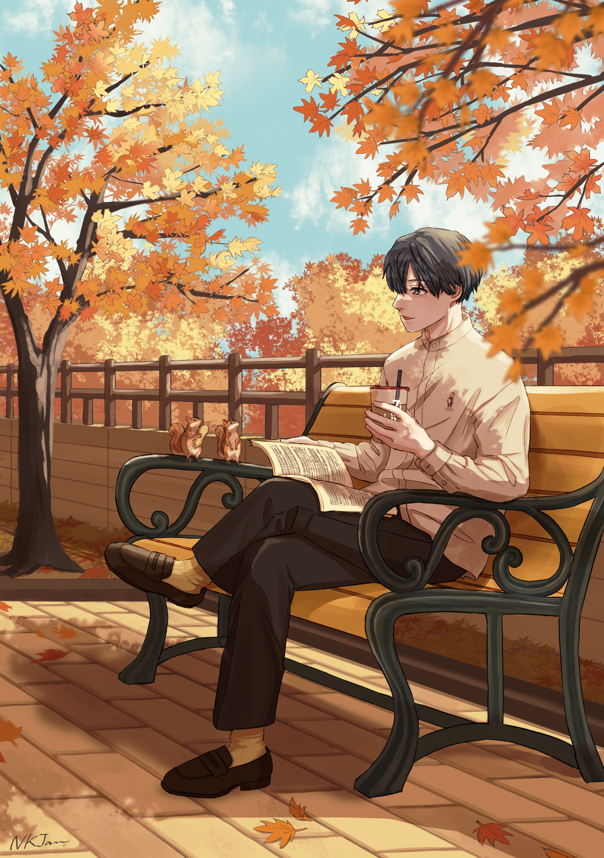 original, absurdres, commentary request, highres, 1boy, animal, autumn, autumn leaves, bench, black hair, black pants, blue sky, book, brick floor, brown shirt, brown shoes, crossed arms, cup, day, disposable cup, hand up, holding, holding book, holding cup, leaf, loafers, long sleeves, male focus, nekojan jan, on bench, open book, outdoors, pants, park, parted lips, peanut, shirt, shoes, short hair, sitting, sky, smile, socks, solo, squirrel, tree, very short hair, wooden bench, yellow socks