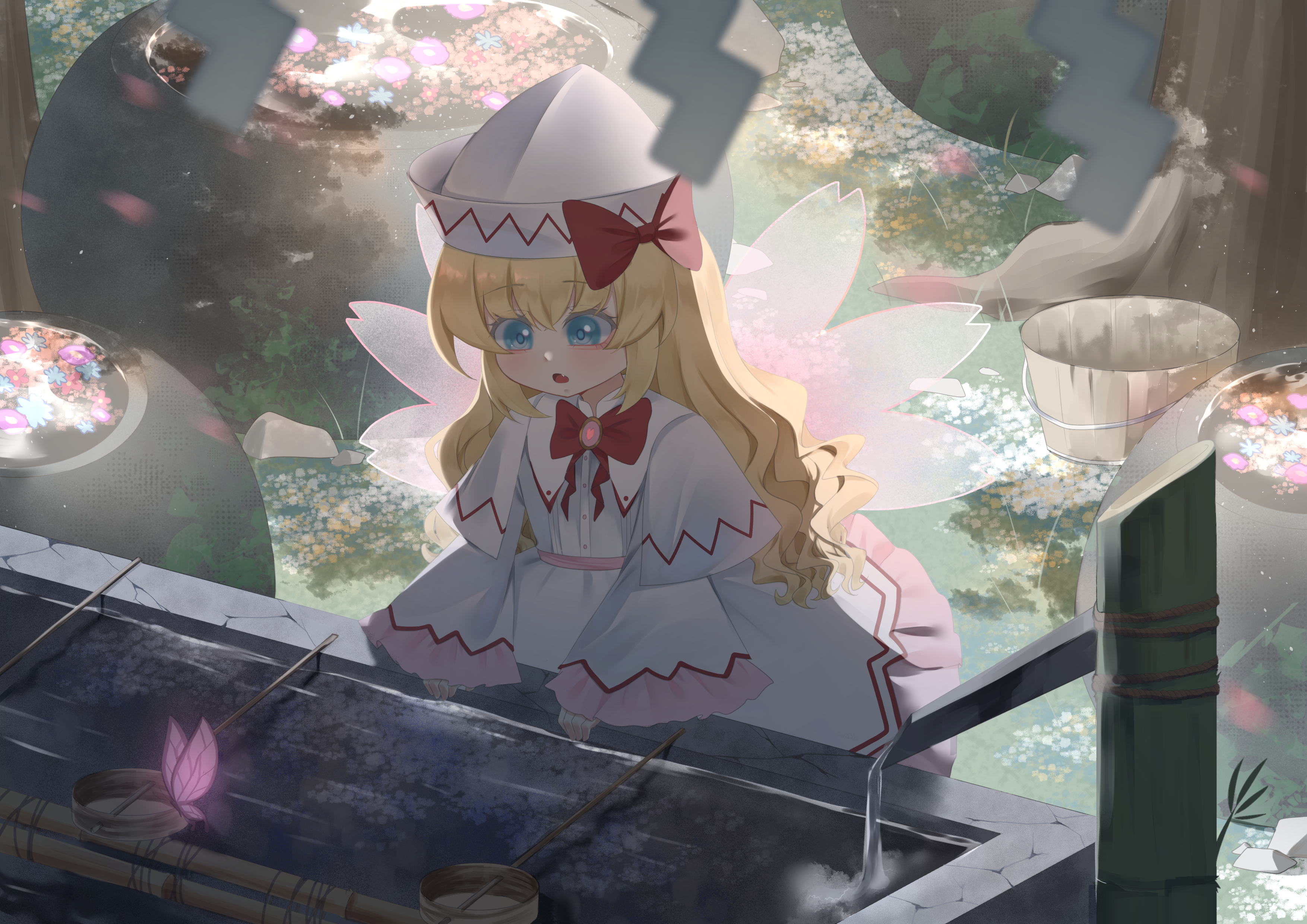 no noru, lily white, touhou, absurdres, commentary, highres, 1girl, blonde hair, blue eyes, bow, bowtie, bug, butterfly, capelet, dress, fairy, fairy wings, hat, hat bow, hishaku, insect, long hair, long sleeves, open mouth, pink butterfly, red bow, red bowtie, solo, water, white capelet, white dress, white hat, wide sleeves, wings