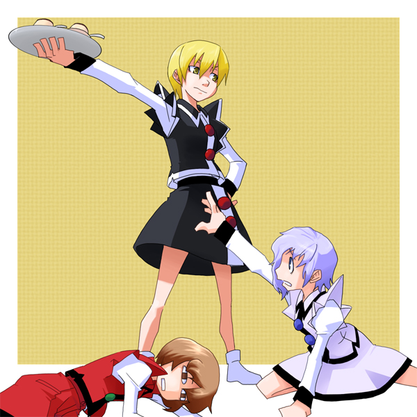 kansuke (artist), kansuke (bubuduke), lunasa prismriver, lyrica prismriver, merlin prismriver, touhou, 3girls, blonde hair, blue eyes, blue hair, brown eyes, brown hair, female focus, food, ice cream, multiple girls, outstretched arm, outstretched hand, reaching, short hair, simple background, skirt, yellow eyes