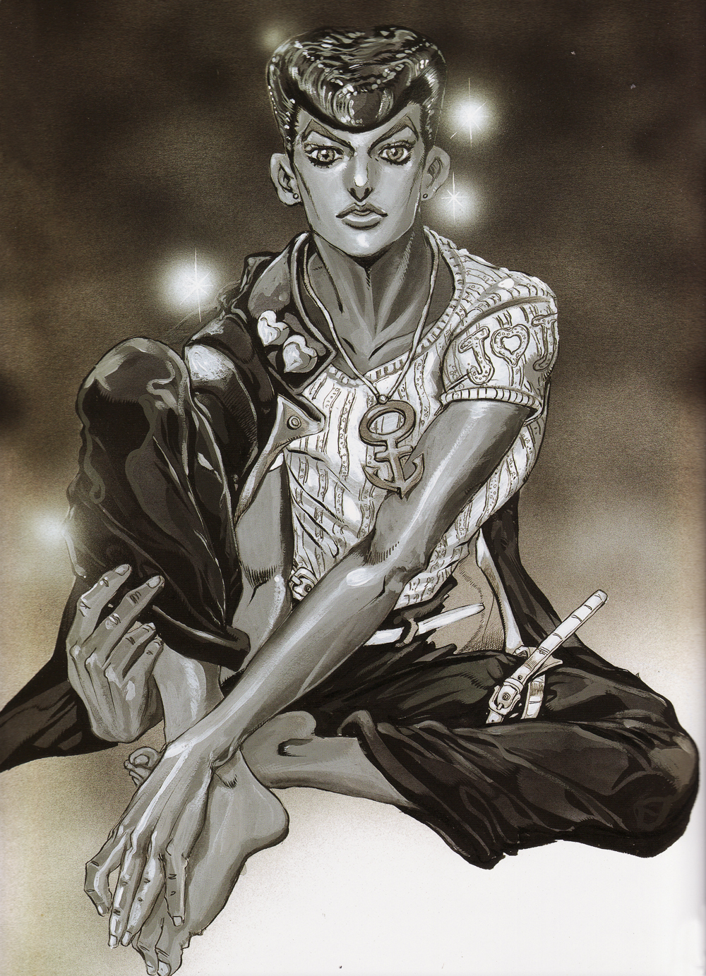 araki hirohiko, higashikata josuke, diamond is not crash, jojo no kimyou na bouken, highres, 1boy, anchor (symbol), barefoot, belt, black hair, brown theme, full body, gakuran, heart, jewelry, looking at viewer, male focus, monochrome, pompadour, school uniform, sitting, solo, thigh strap
