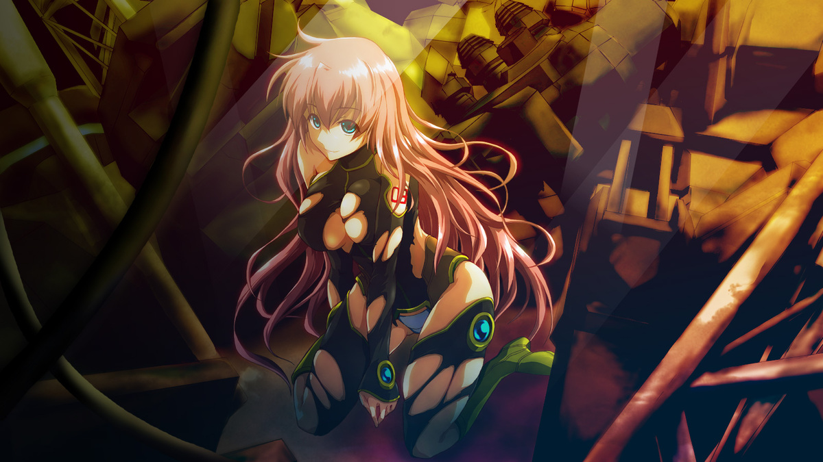 heki (midori), megurine luka, vocaloid, blue eyes, long hair, pink hair, solo, torn clothes